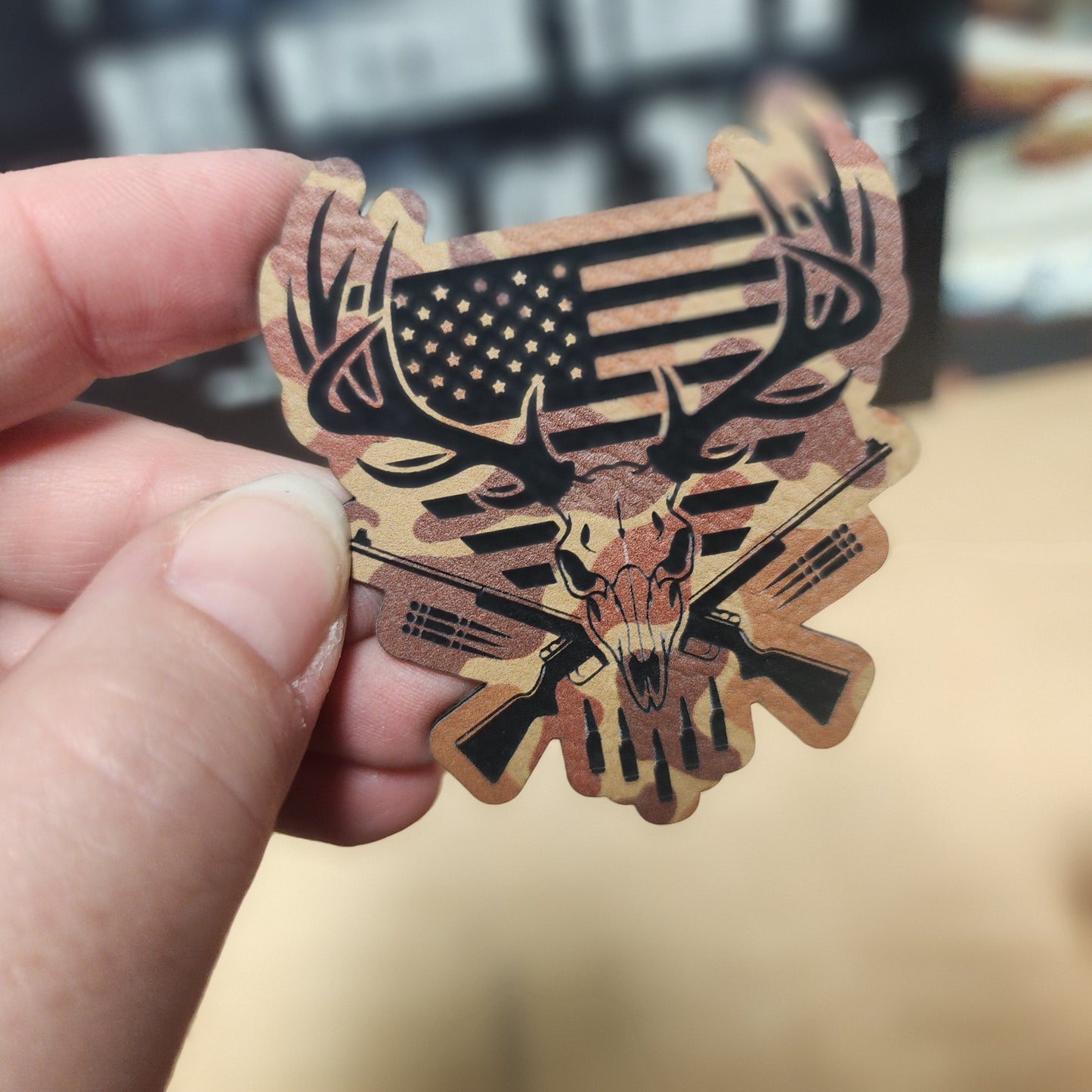 Patriotic Hunter's Skull Engraved Leatherette Hat Patch - MR01