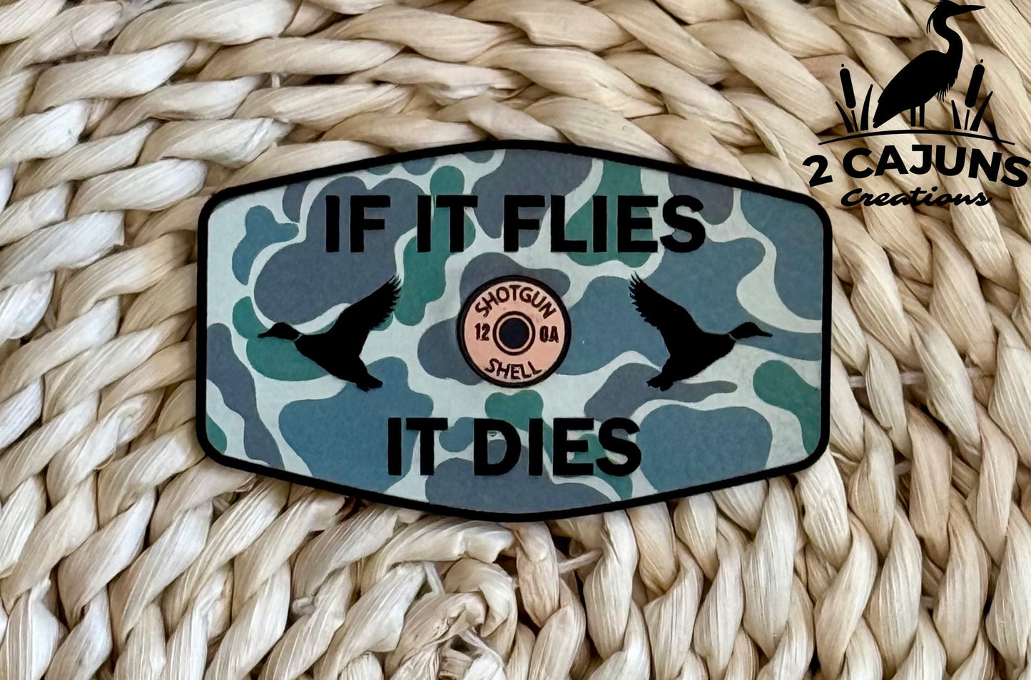 If It Flies It Dies Leatherette Hat Patch with Copper Acrylic Shell Insert - 3 Colors Available