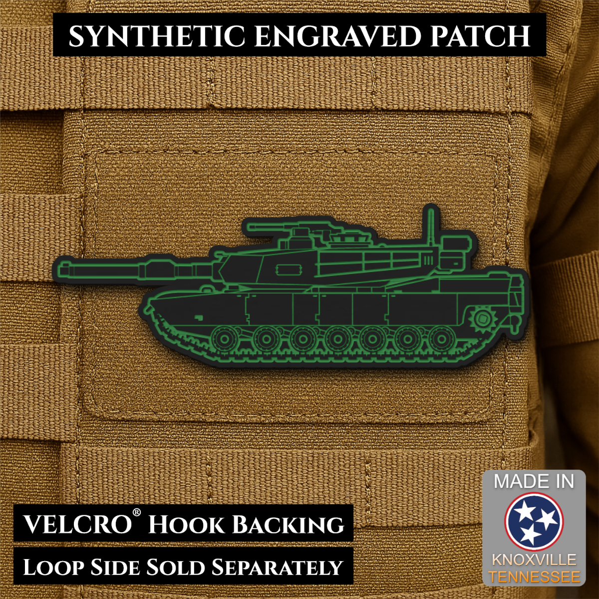 Front design and hook backing of M1 Abrams Main Battle Tank patch in black / green