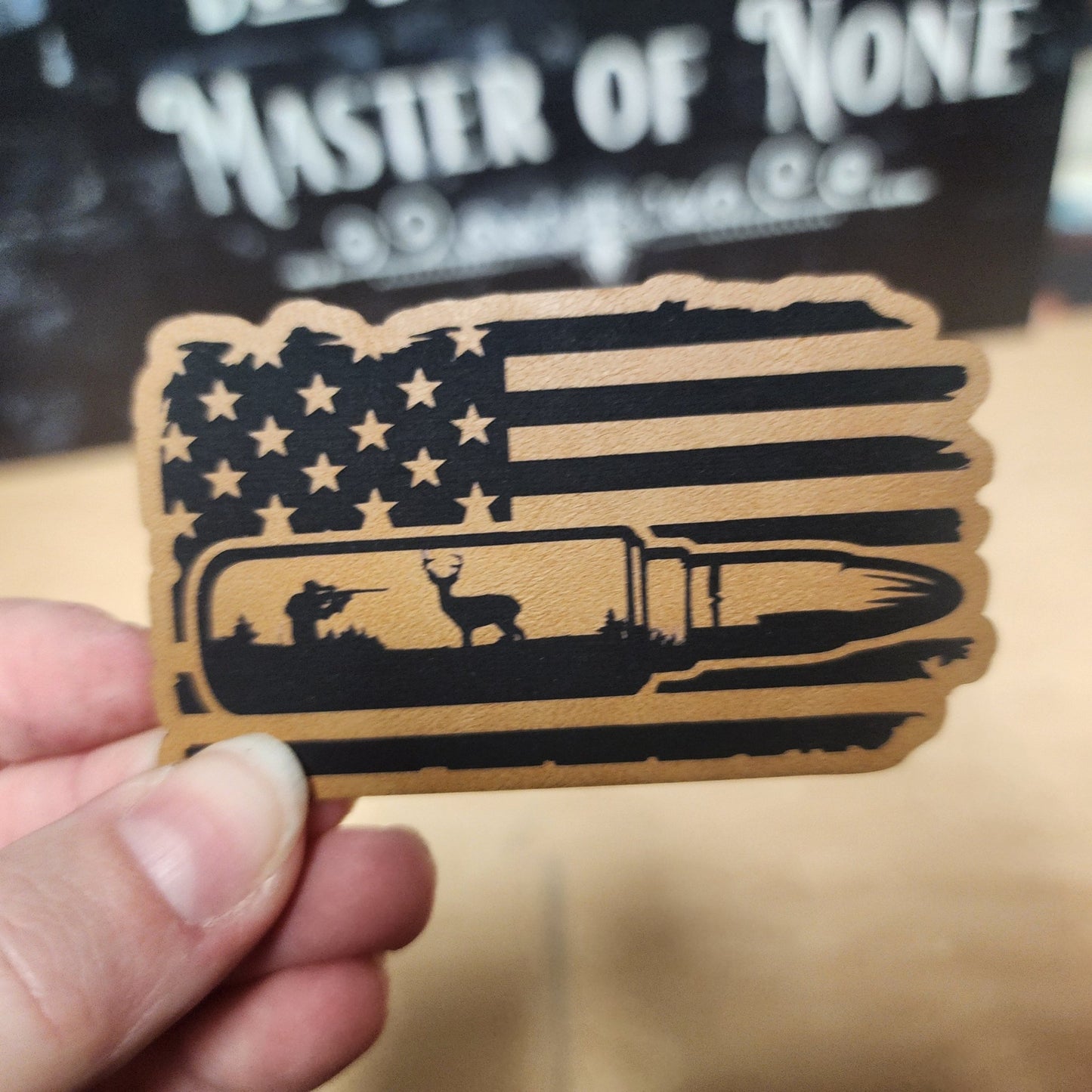 American Pride in Hunting (Saddle Tan) Engraved Leatherette Hat Patch - MR01 - LoneStar Adhesive