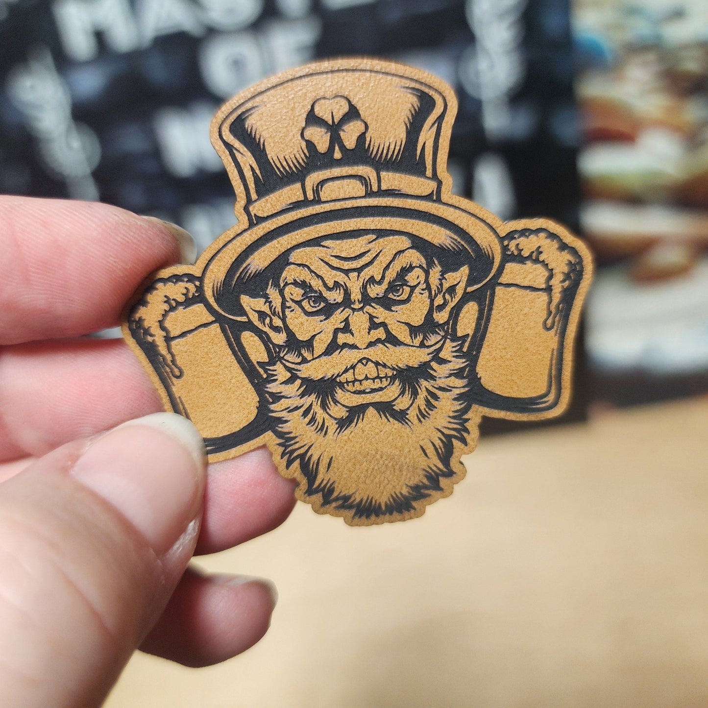 Angry Leprechaun with Beer Engraved Leatherette Hat Patch - MR01 - LoneStar Adhesive
