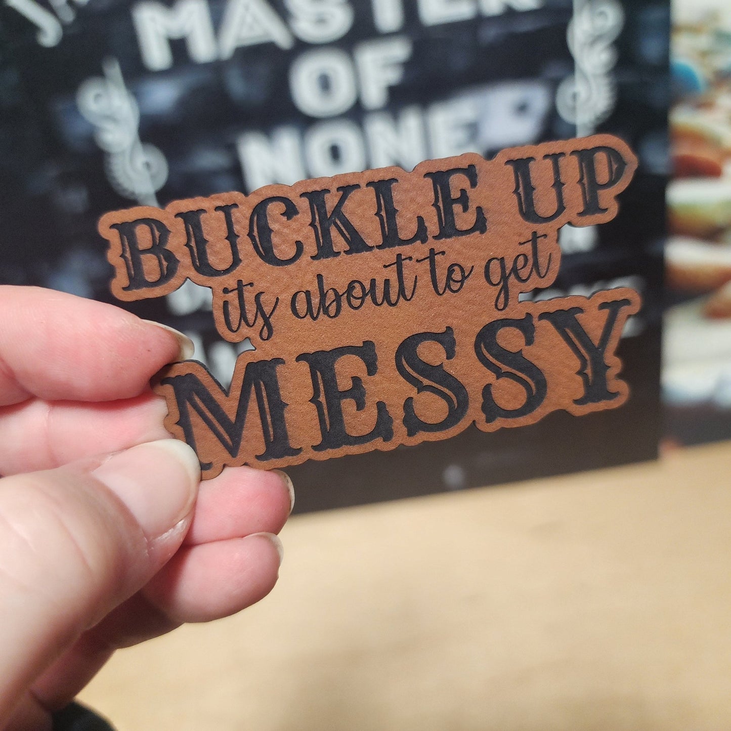 Buckle Up Engraved Leatherette Hat Patch - MR01 - LoneStar Adhesive