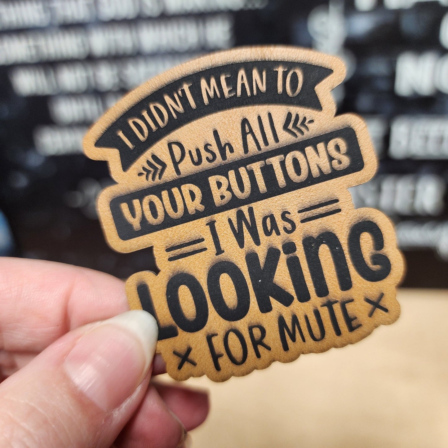 Button Pushing for Mute (Saddle Tan) Engraved Leatherette Hat Patch - MR01 - LoneStar Adhesive