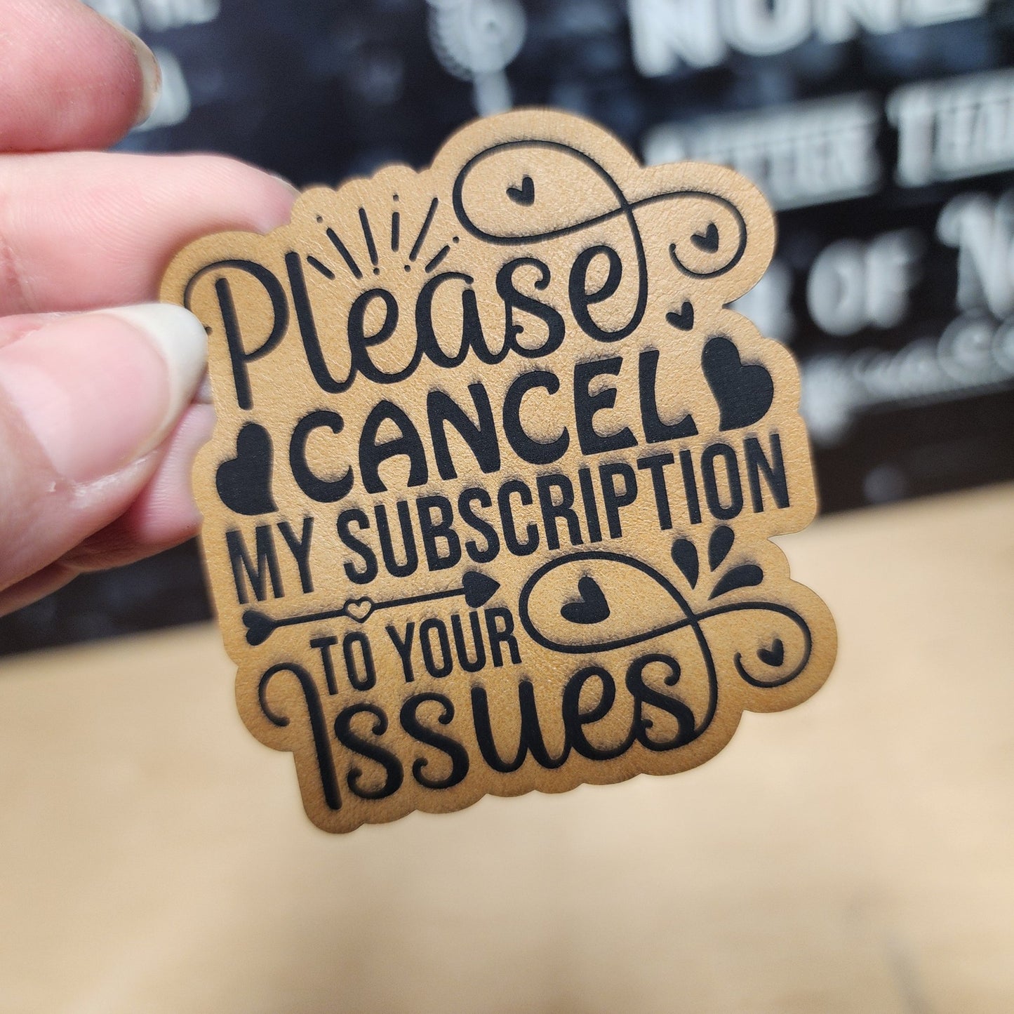 Cancel Subscription to Issues (Saddle Tan) Engraved Leatherette Hat Patch - MR01 - LoneStar Adhesive
