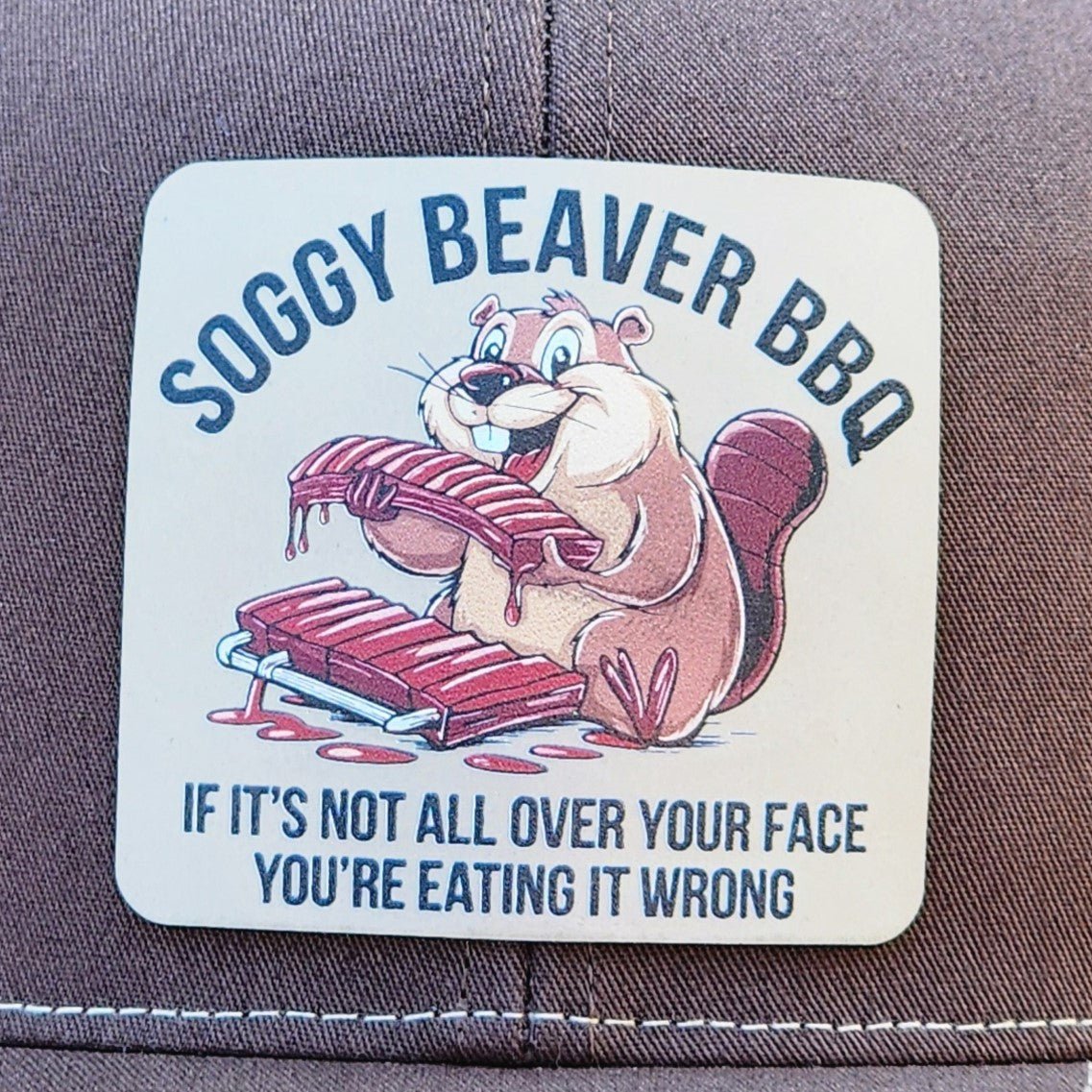 Cheeky BBQ Fun with a Beaver UV Printed Leatherette Hat Patch - MR01 - LoneStar Adhesive