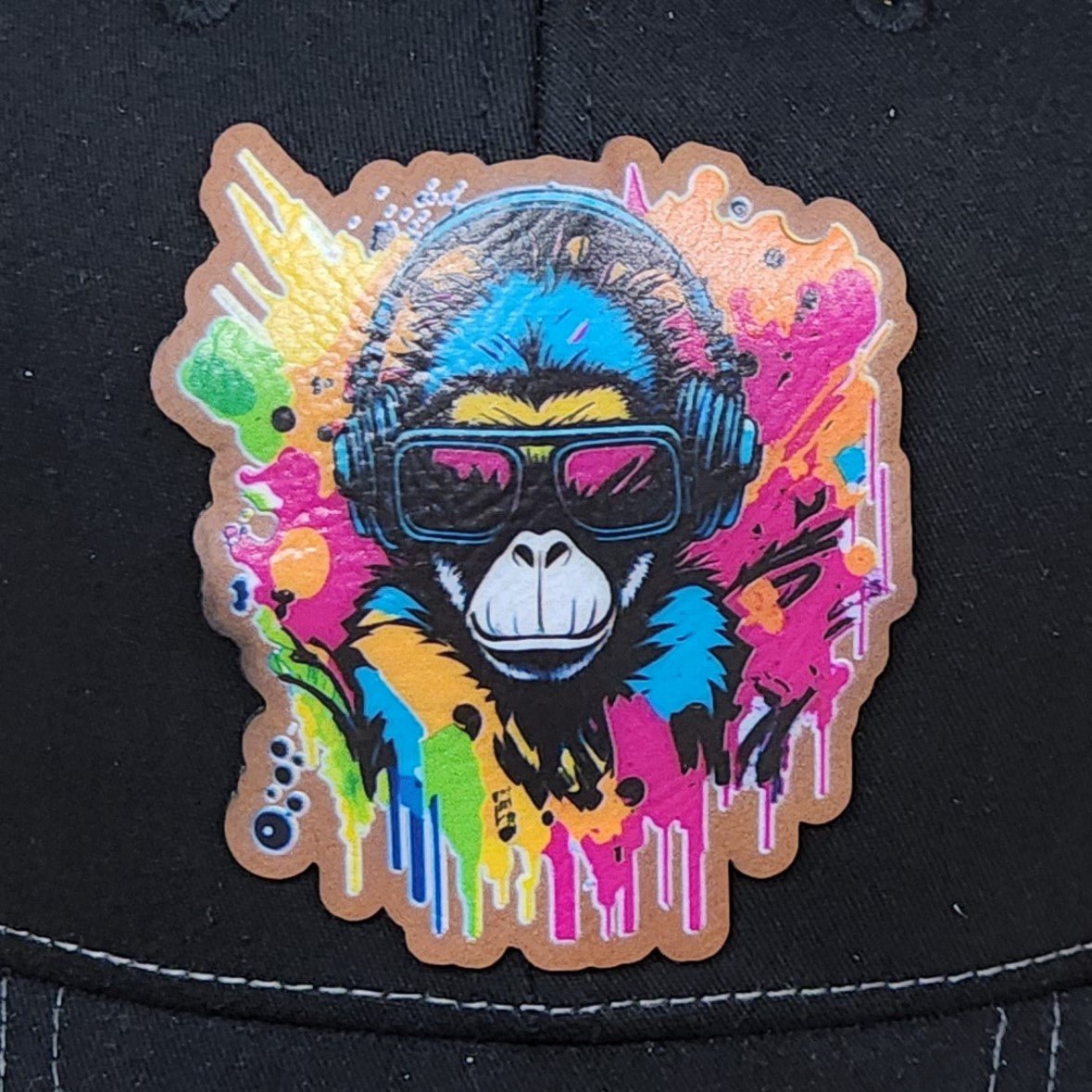 Colorful DJ Monkey Vibes UV Printed Leatherette Hat Patch - MR01 - LoneStar Adhesive