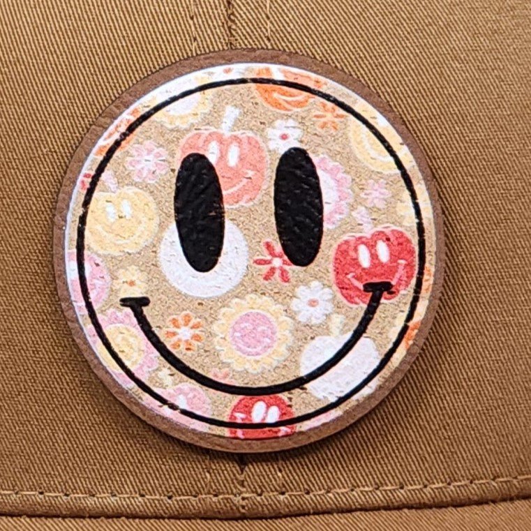 Colorful Floral Smiley Face UV Printed Leatherette Hat Patch - MR01 - LoneStar Adhesive