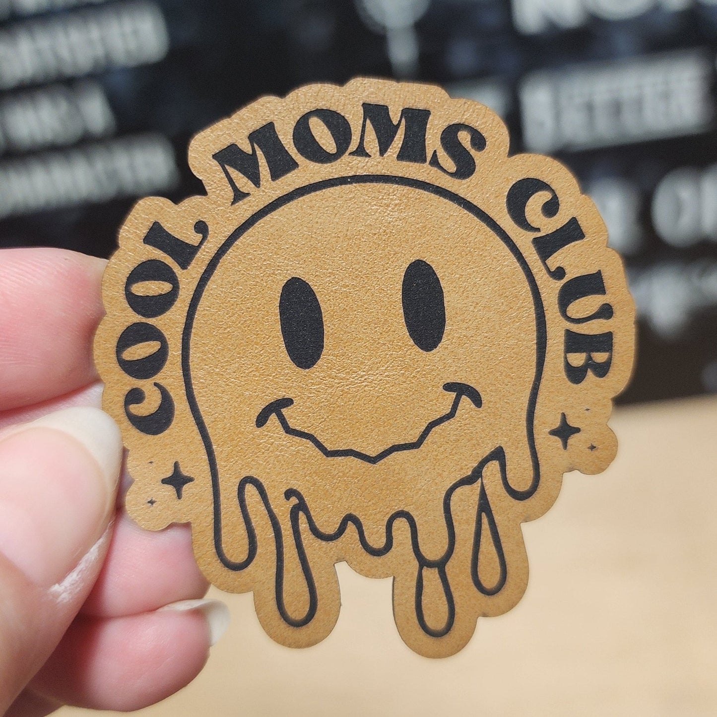 Cool Moms Club (Saddle Tan) Engraved Leatherette Hat Patch - MR01 - LoneStar Adhesive