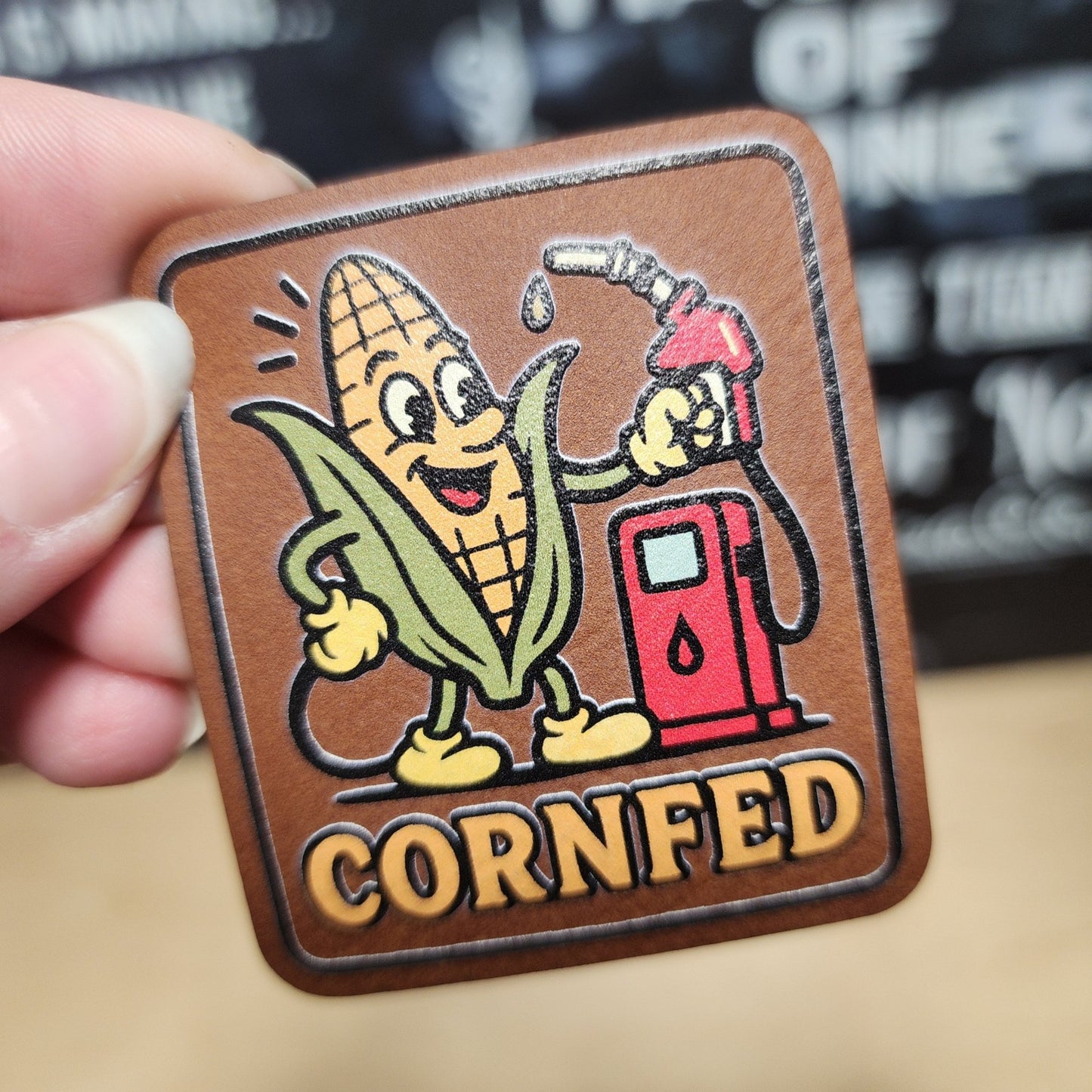 Corny Fuel Fun UV Printed Leatherette Hat Patch - MR01 - LoneStar Adhesive
