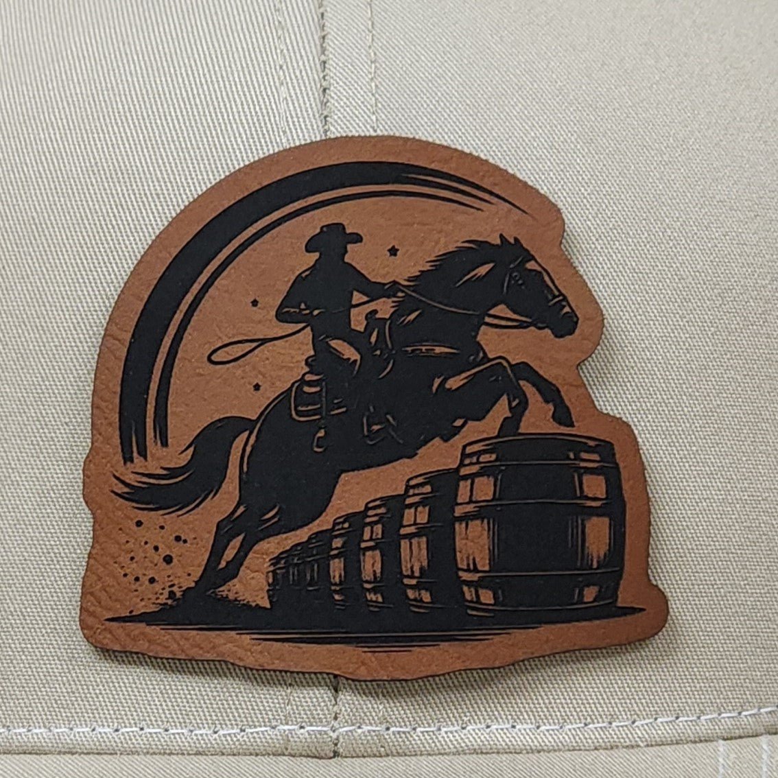 Cowboy on Horseback Engraved Leatherette Hat Patch - MR01 - LoneStar Adhesive