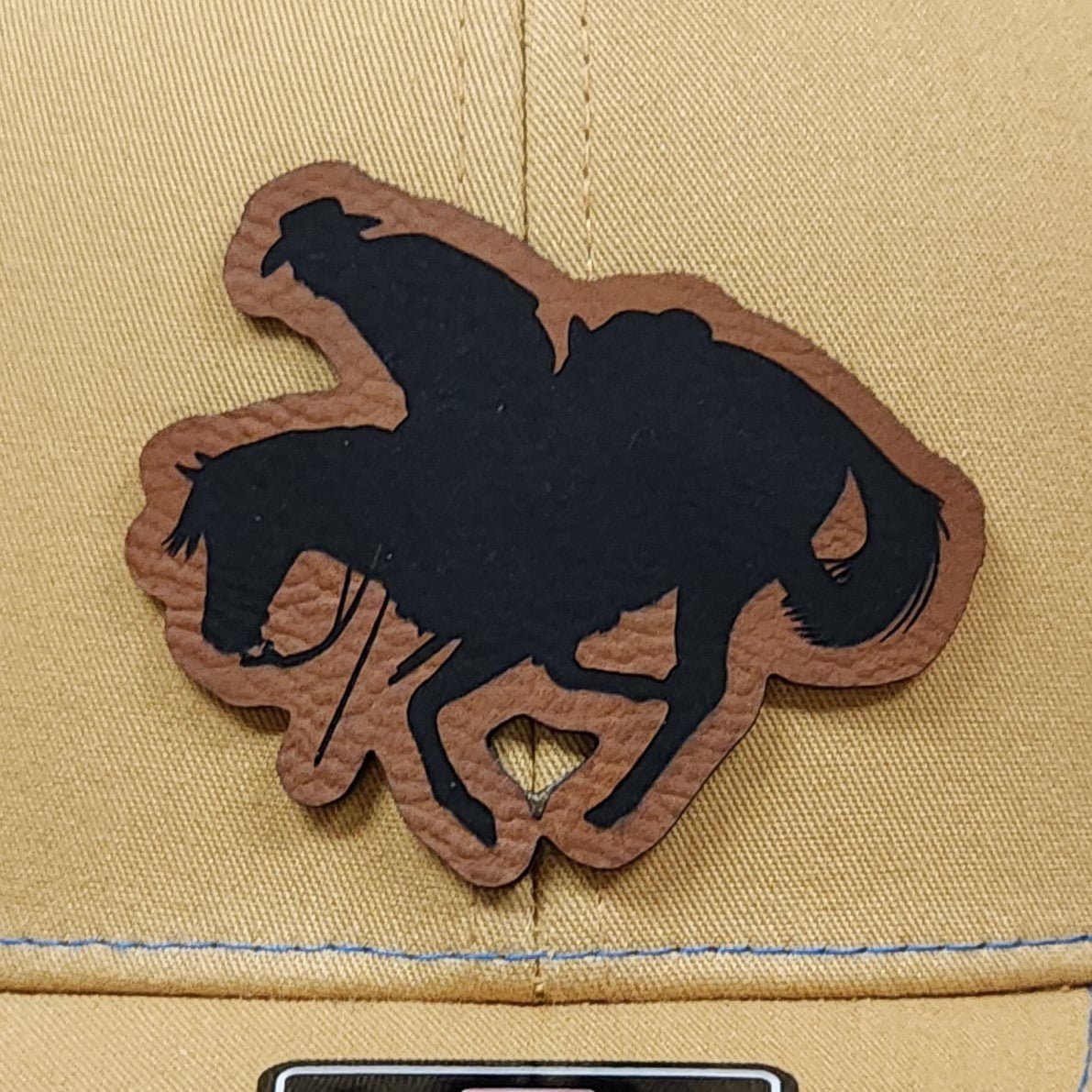 Cowboy on Running Horse Engraved Leatherette Hat Patch - MR01 - LoneStar Adhesive