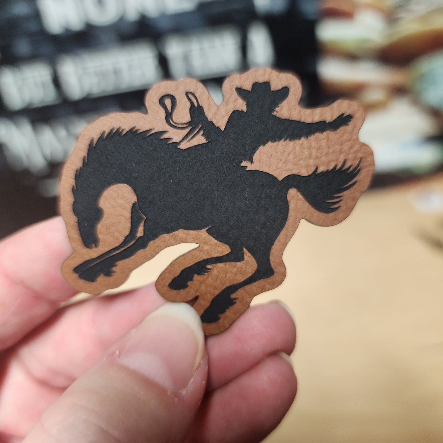 Cowboy Riding Bronco (Rawhide) Engraved Leatherette Hat Patch - MR01 - LoneStar Adhesive