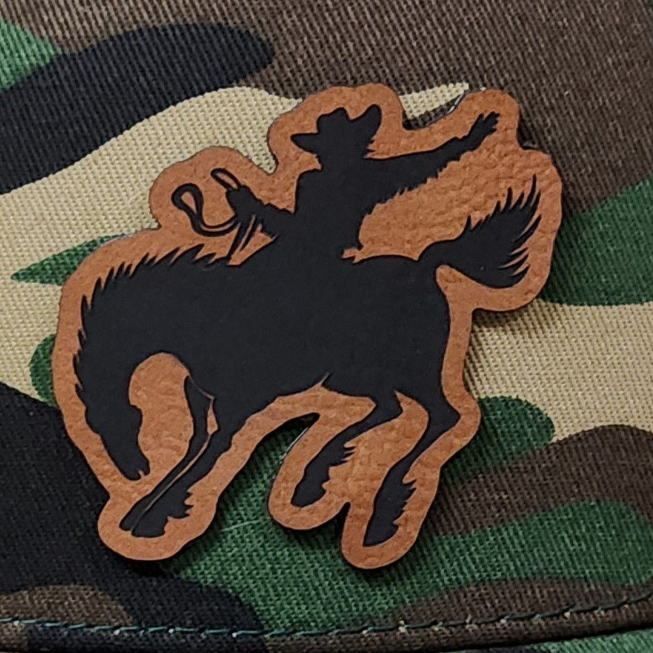 Cowboy Riding Engraved Leatherette Hat Patch - MR01 - LoneStar Adhesive