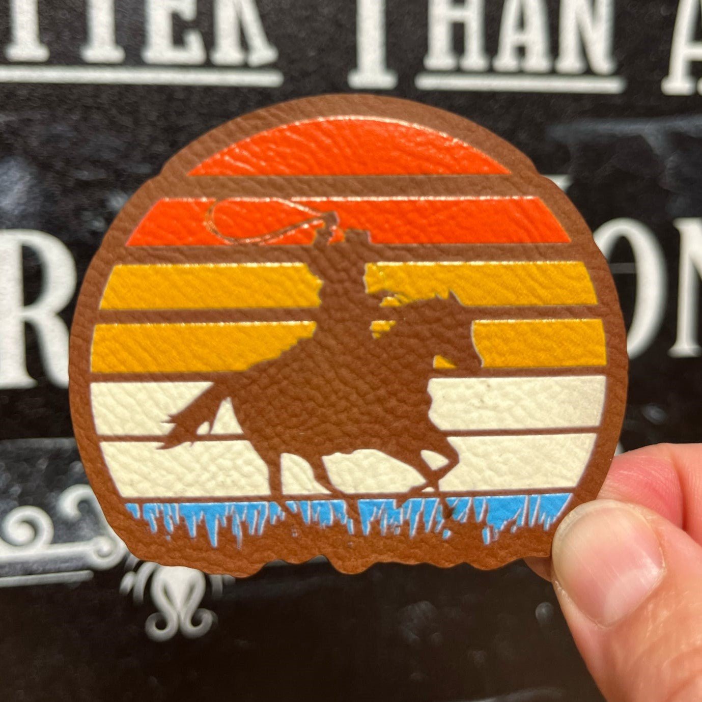 Cowboy Riding into Sunset UV Printed Leatherette Hat Patch - MR01 - LoneStar Adhesive
