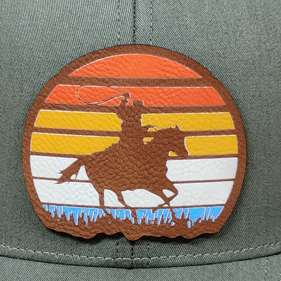 Cowboy Riding into Sunset UV Printed Leatherette Hat Patch - MR01 - LoneStar Adhesive