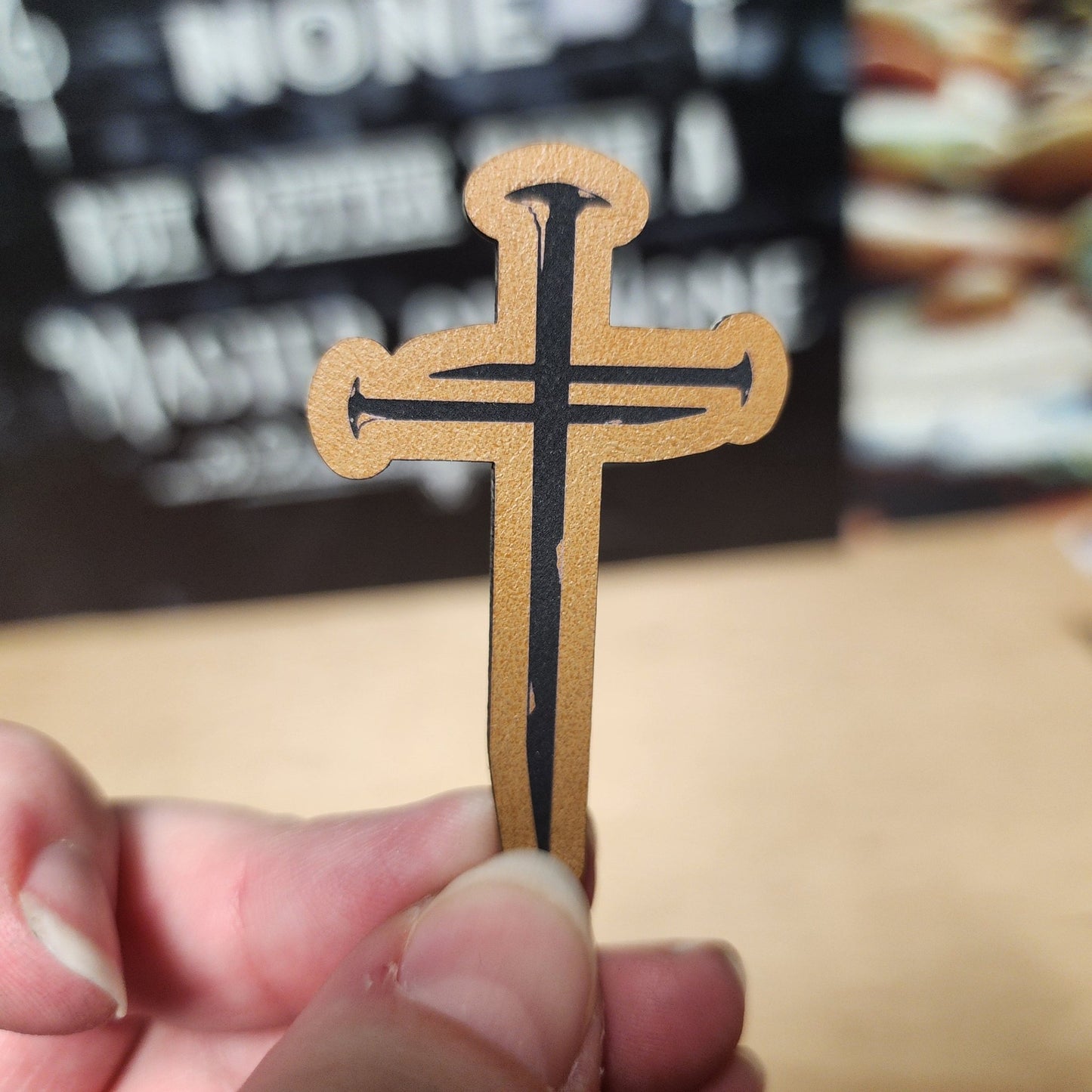 Cross Design with Nail Detail (Saddle Tan) Engraved Leatherette Hat Patch - MR01 - LoneStar Adhesive
