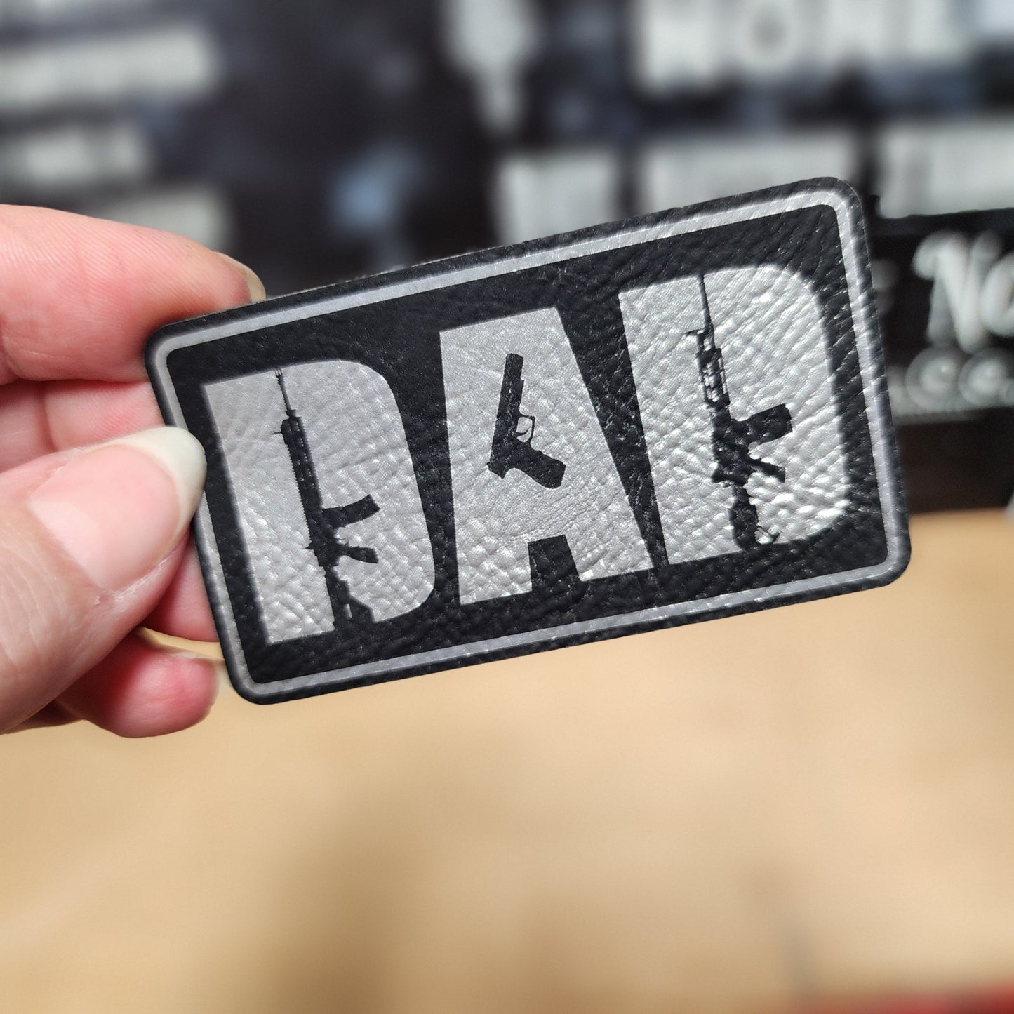 Dad Life Guns (Black Silver) Engraved Leatherette Hat Patch - MR01 - LoneStar Adhesive