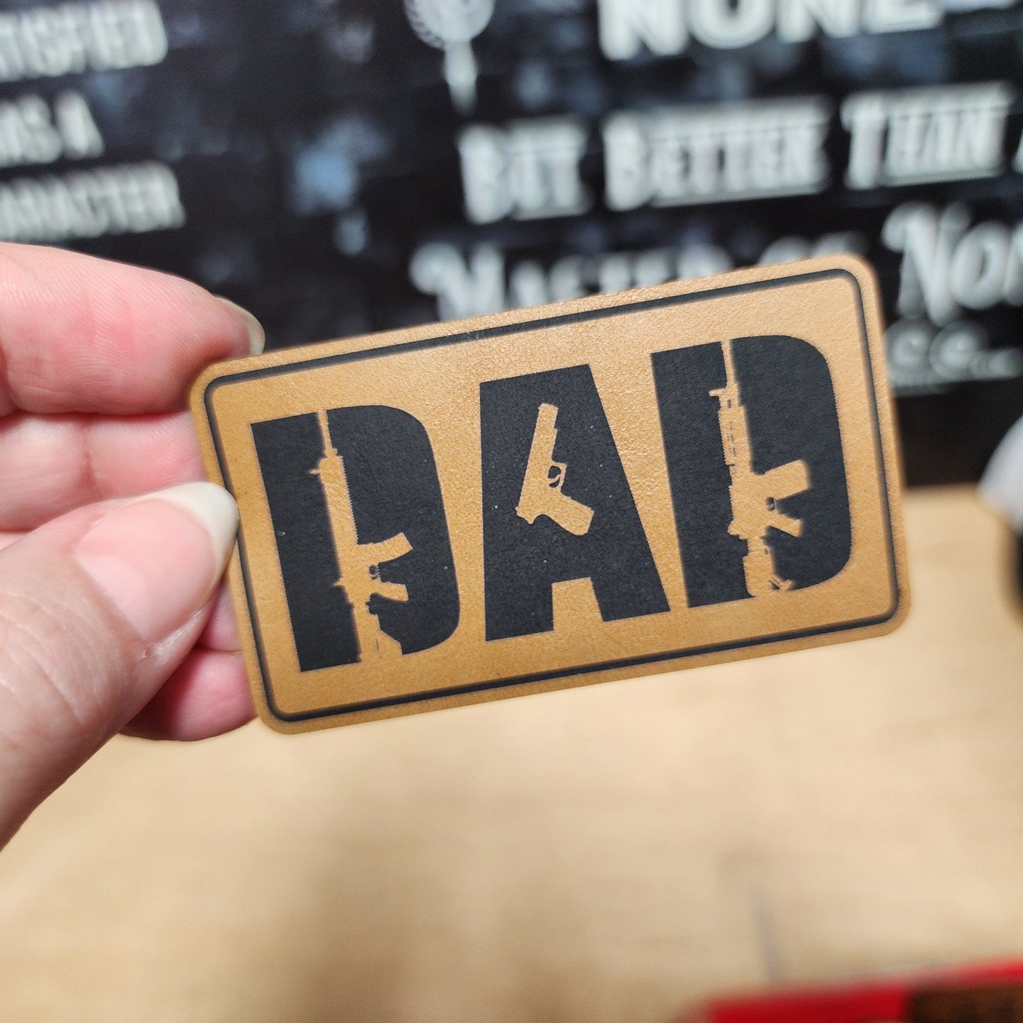 Dad with Guns (Saddle Tan) Engraved Leatherette Hat Patch - MR01 - LoneStar Adhesive