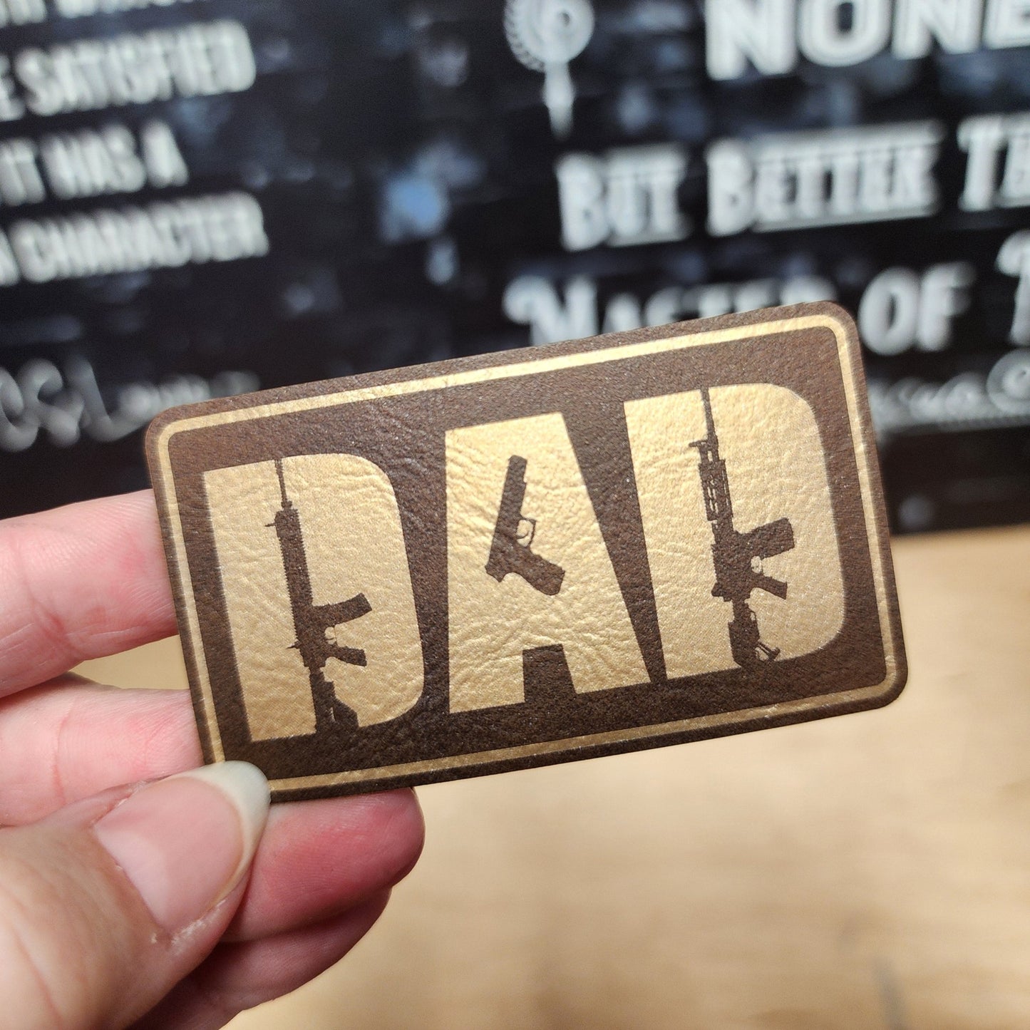 Dads with Guns (Rustic Gold) Engraved Leatherette Hat Patch - MR01 - LoneStar Adhesive