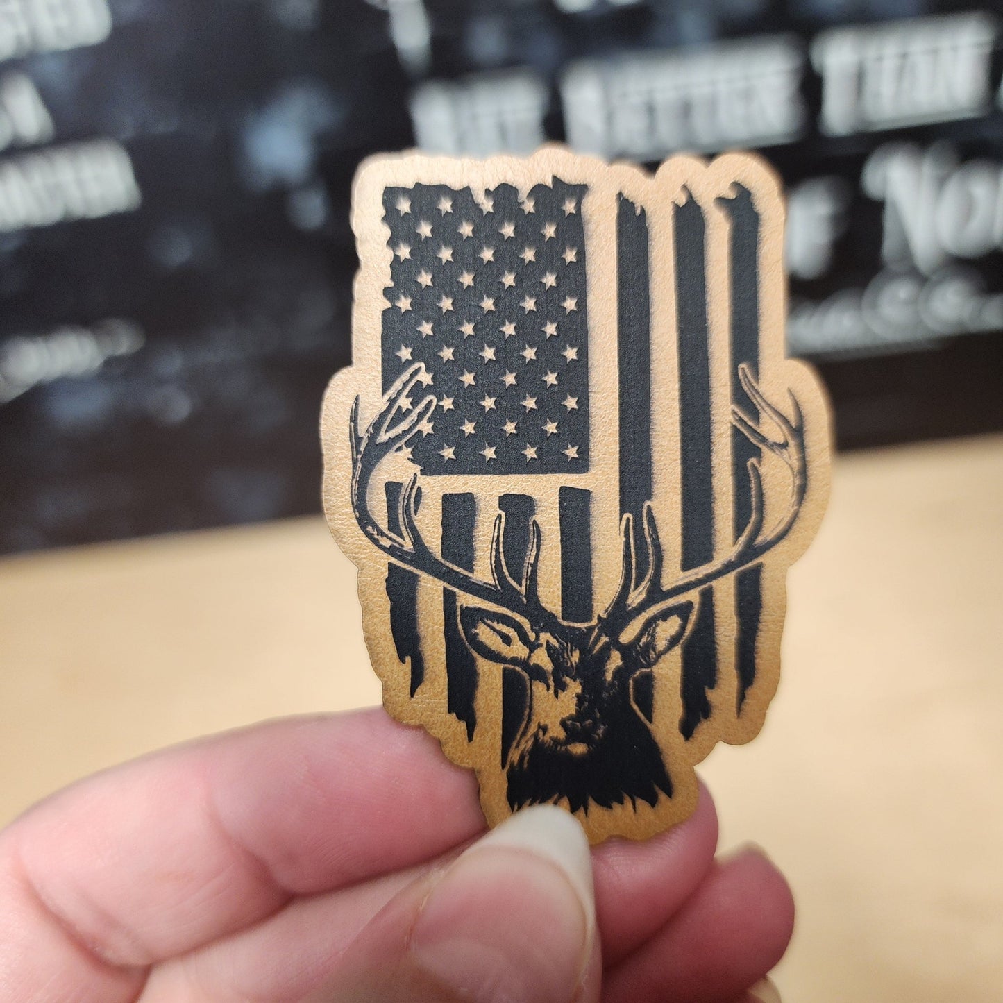 Deer and Flag (Saddle Tan) Engraved Leatherette Hat Patch - MR01 - LoneStar Adhesive