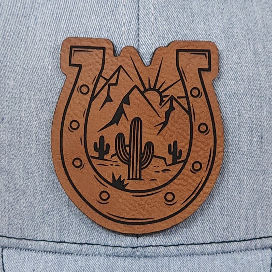 Desert Sun and Cacti Horseshe Engraved Leatherette Hat Patch - MR01 - LoneStar Adhesive