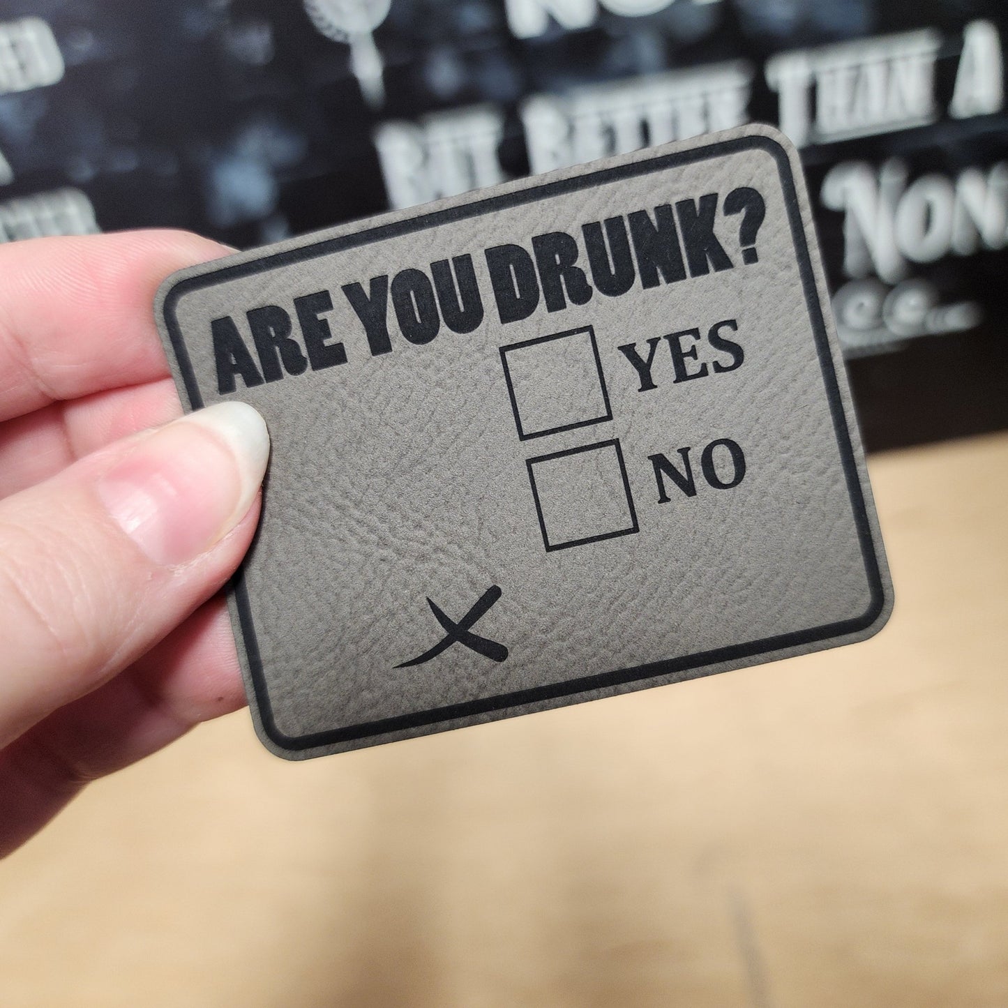 Drunk Check (Grey) Engraved Leatherette Hat Patch - MR01 - LoneStar Adhesive