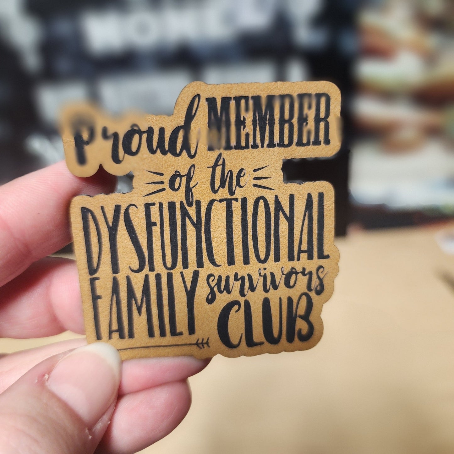 Dysfunctional Family Survivors Club (Saddle Tan) Engraved Leatherette Hat Patch - MR01 - LoneStar Adhesive