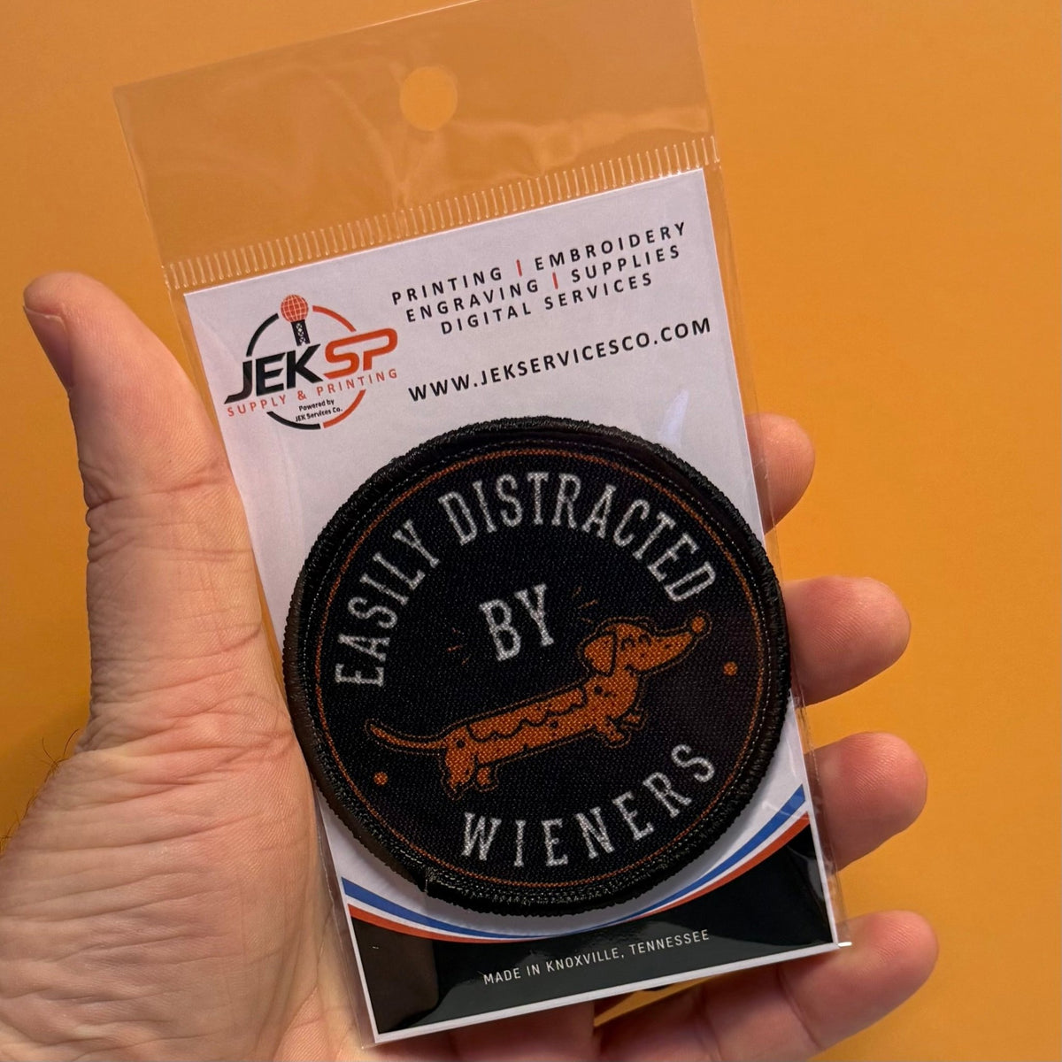 Easily Distracted by Wieners Dachshund Printed Patch, 3" Round | VELCRO® Brand Hook Backing - #LoneStar Adhesive#