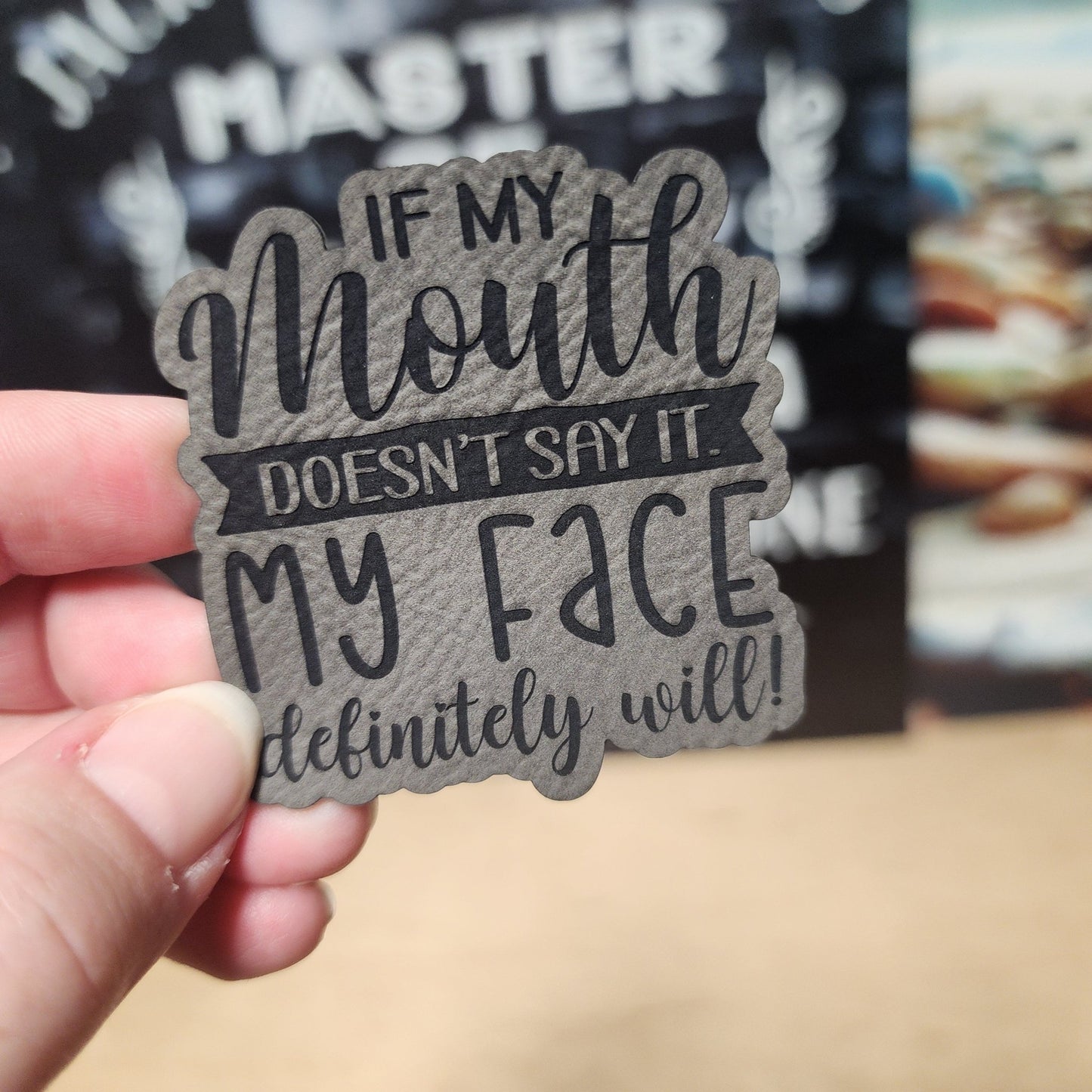 Facial Expressions Speak Loudly (Grey) Engraved Leatherette Hat Patch - MR01 - LoneStar Adhesive