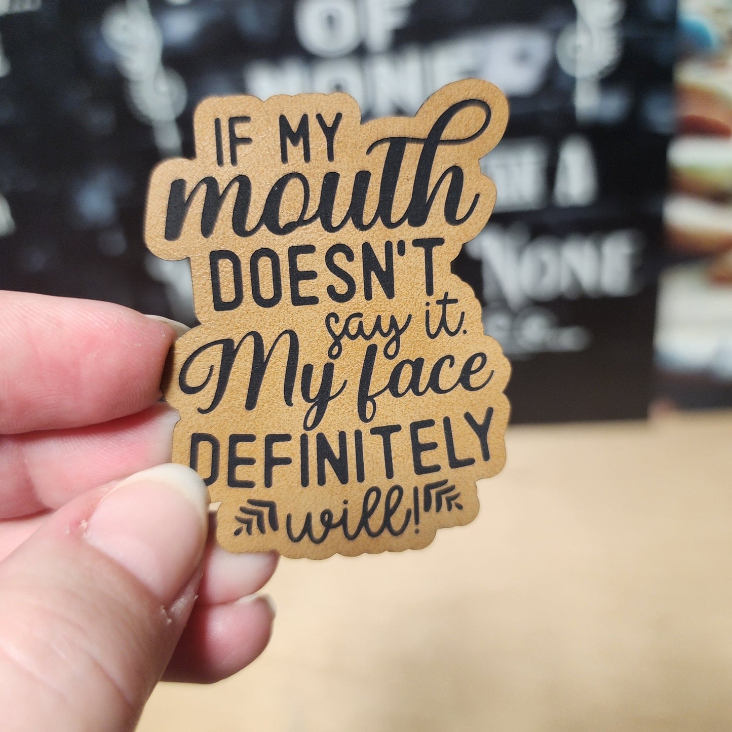Facial Expressions Speak Loudly (Saddle Tan) Engraved Leatherette Hat Patch - MR01 - LoneStar Adhesive