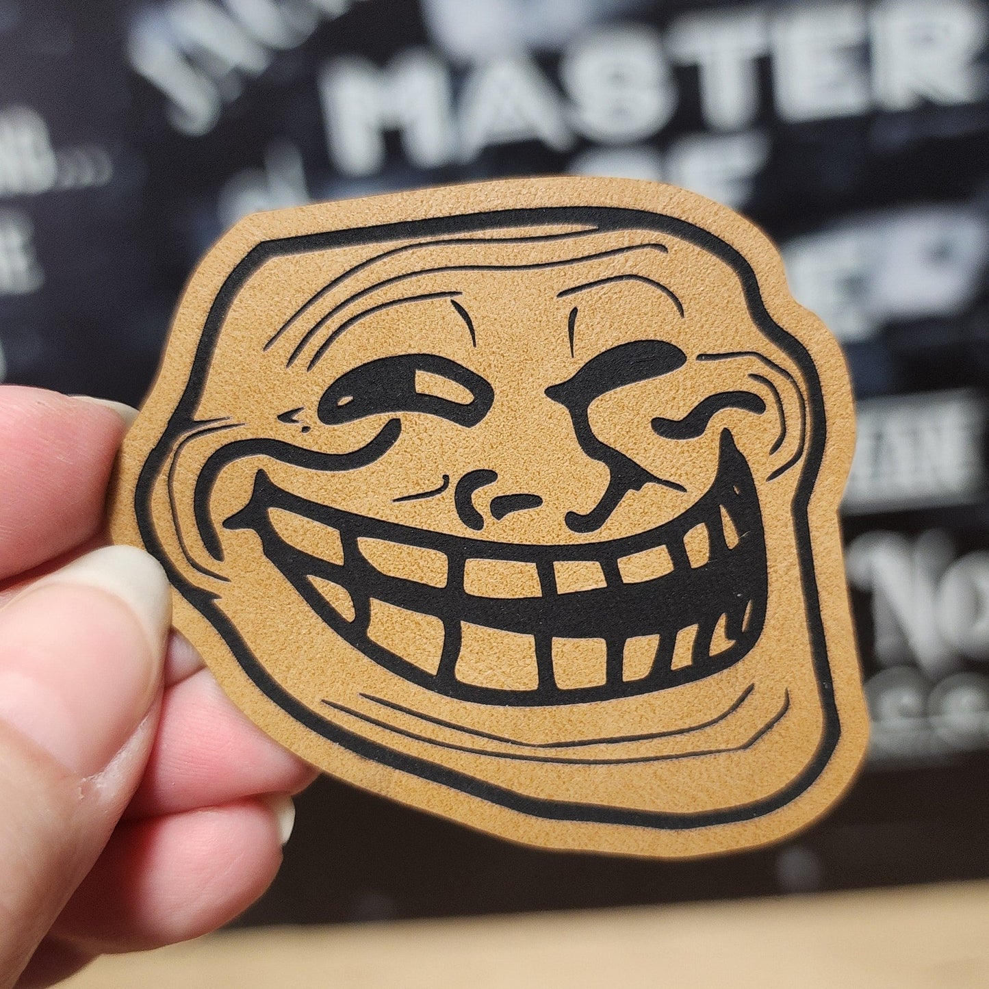 Classic Troll Face Humor (Saddle Tan) Engraved Leatherette Hat Patch - MR01