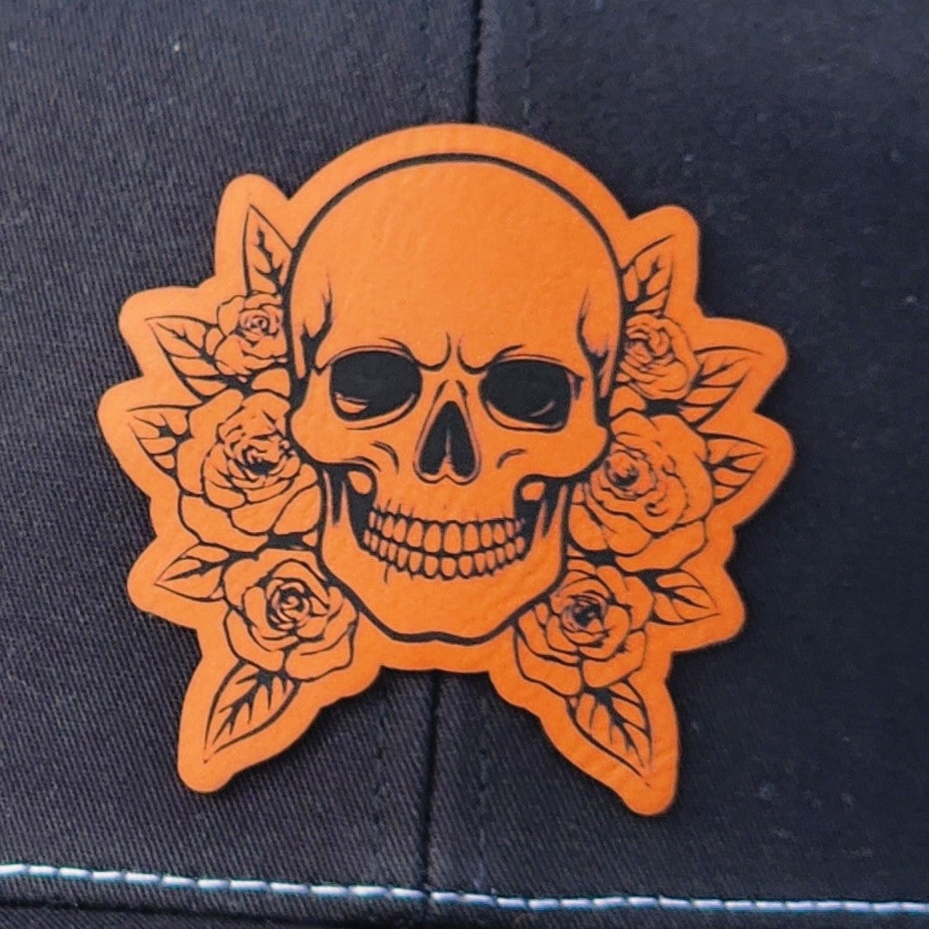 Orange Skull Surrounded by Roses Engraved Leatherette Hat Patch - MR01