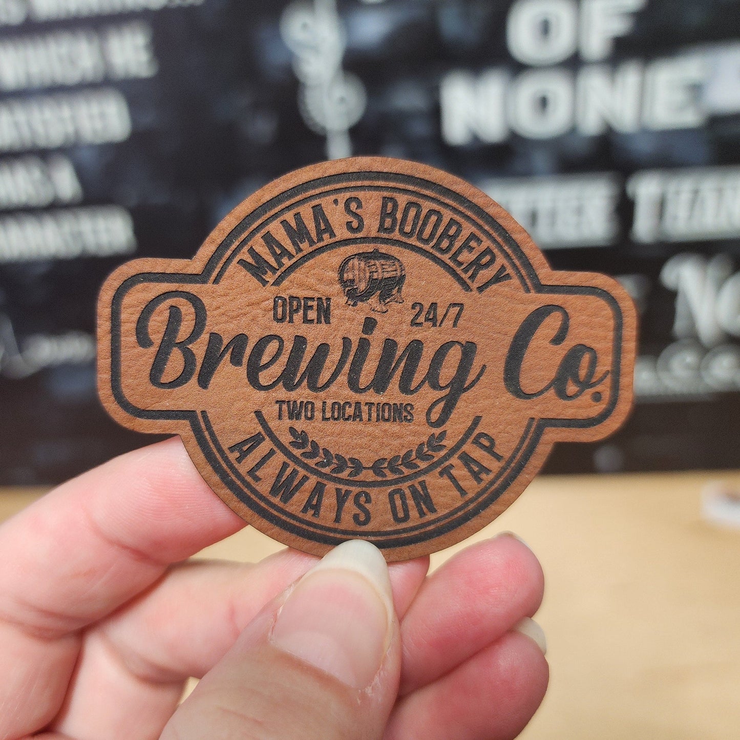 Mama's Boobery Brewing Co. (Rawhide) Engraved Leatherette Hat Patch - MR01