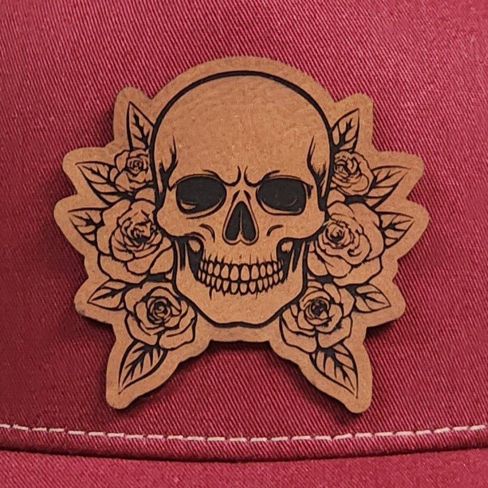 Skull with Roses Engraved Leatherette Hat Patch - MR01