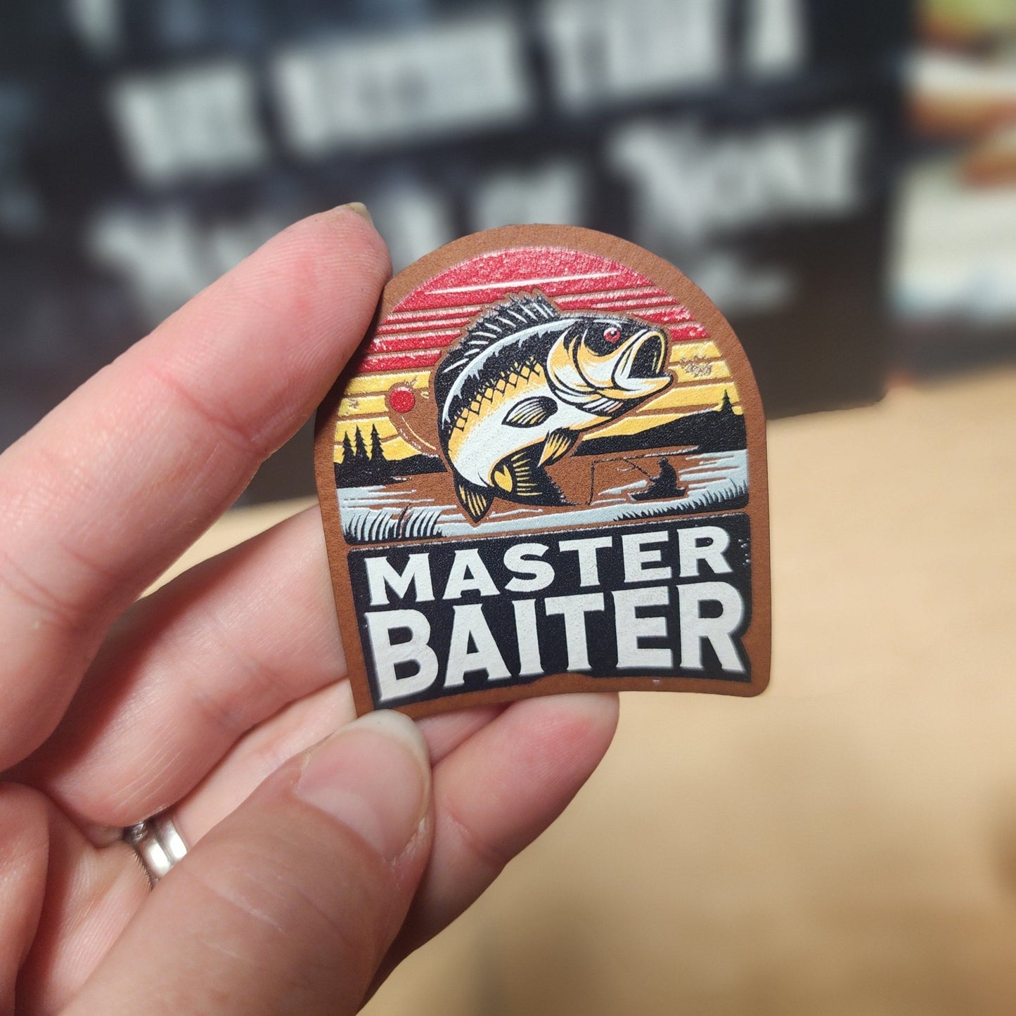 Fishing Humor Master Baiter UV Printed Leatherette Hat Patch - MR01 - LoneStar Adhesive