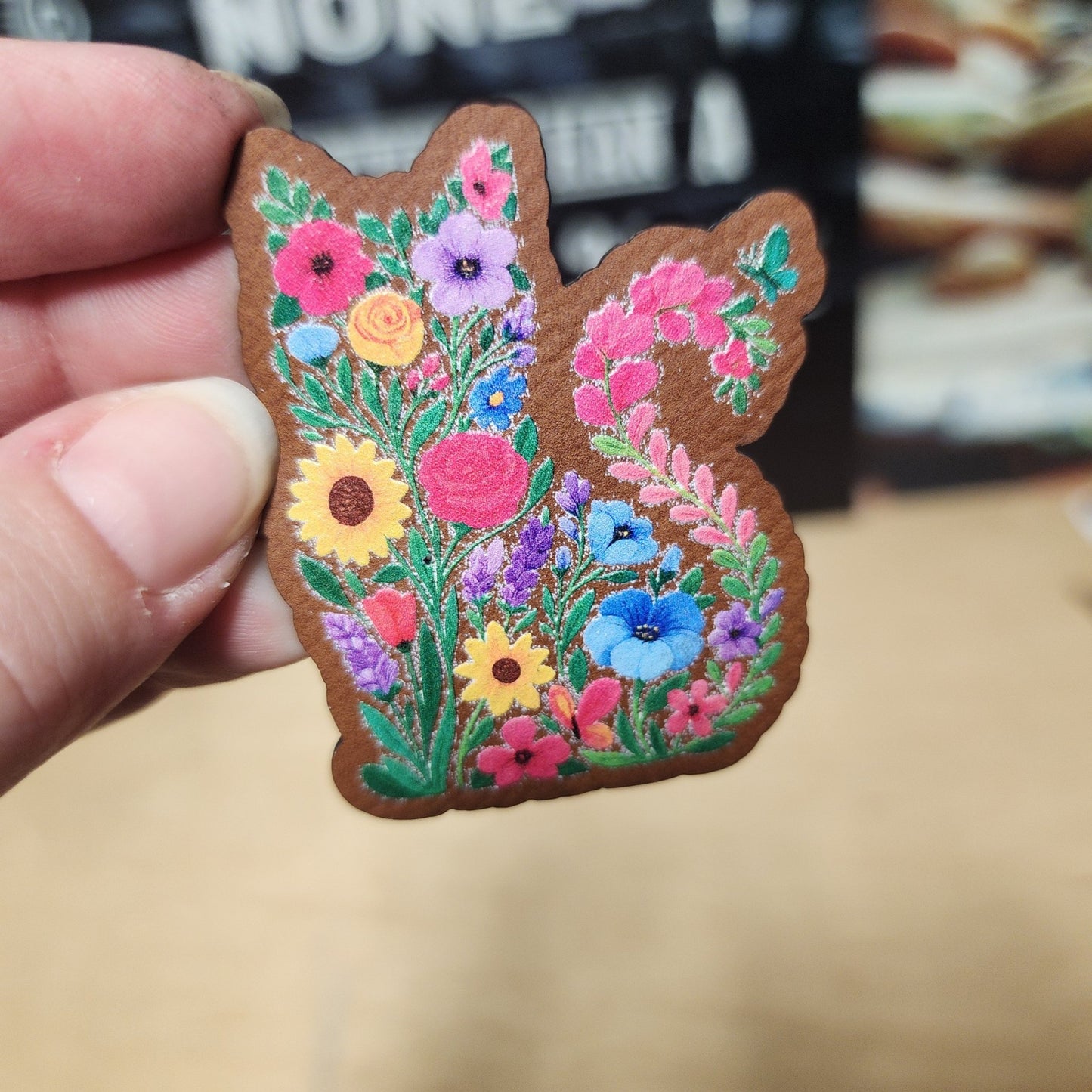Floral Cat Design UV Printed Leatherette Hat Patch - MR01 - LoneStar Adhesive