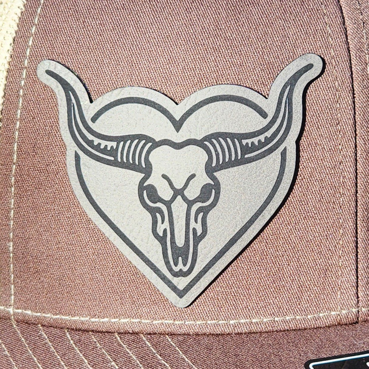 Heart - Shaped Bull Skull Engraved Leatherette Hat Patch - MR01 - LoneStar Adhesive