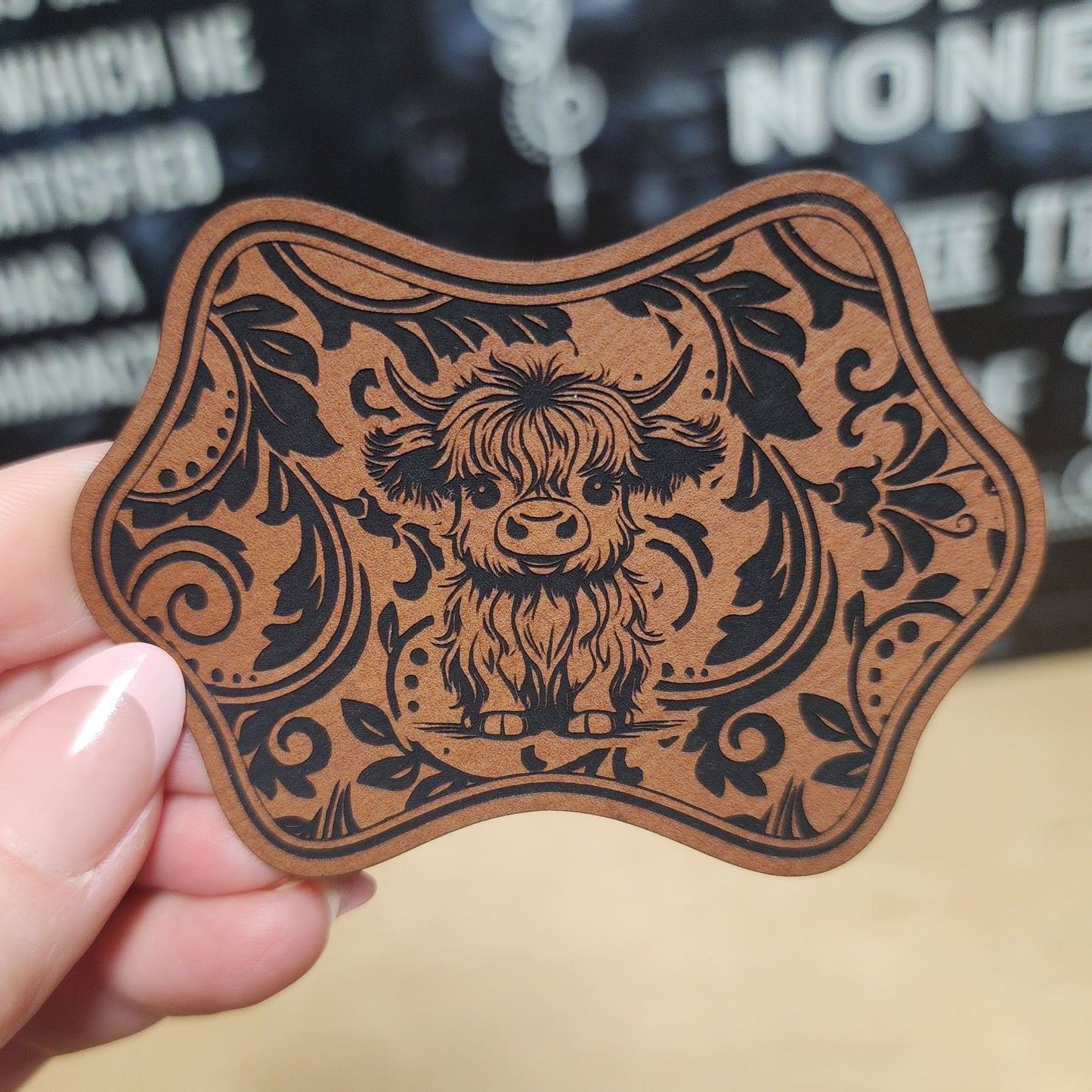 Highland Cow Engraved Leatherette Hat Patch - MR01 - LoneStar Adhesive