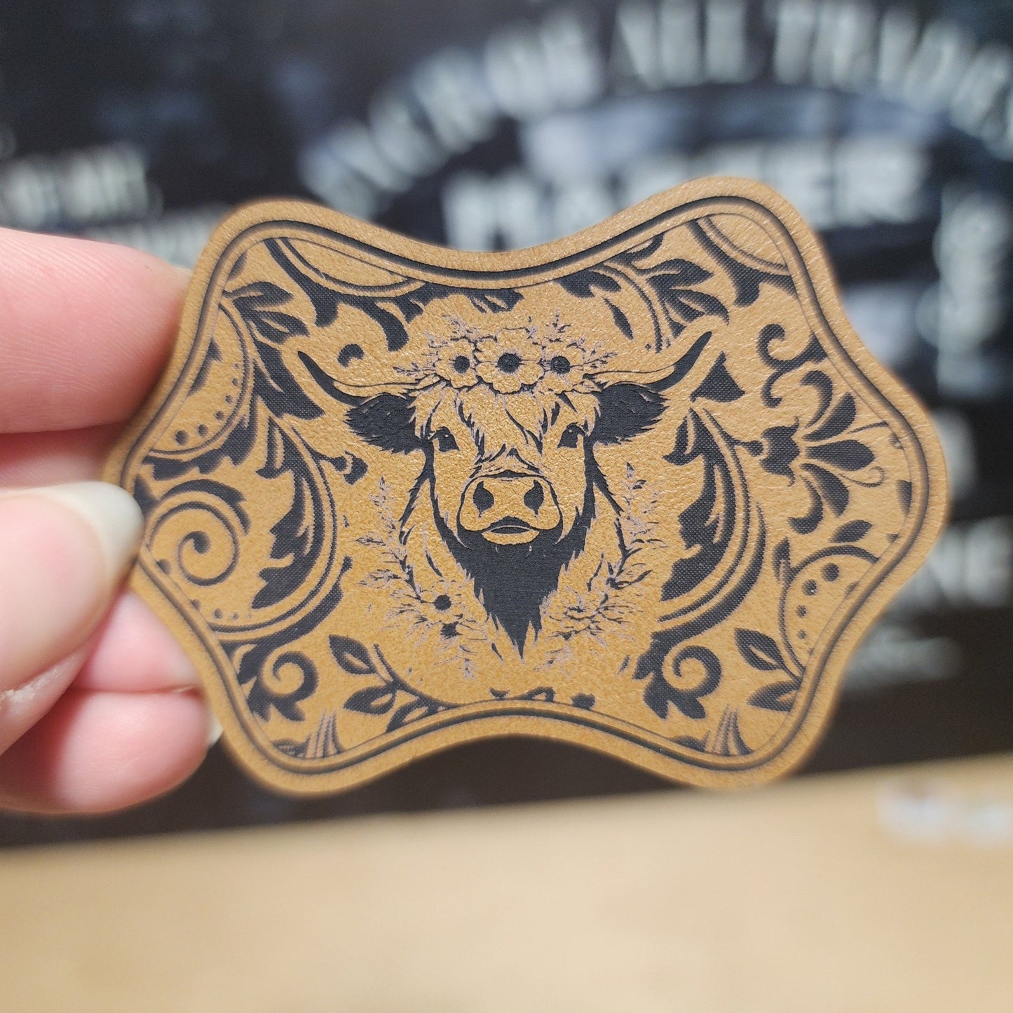 Highland Cow Tooled Floral (Saddle Tan) Engraved Leatherette Hat Patch - MR01 - LoneStar Adhesive