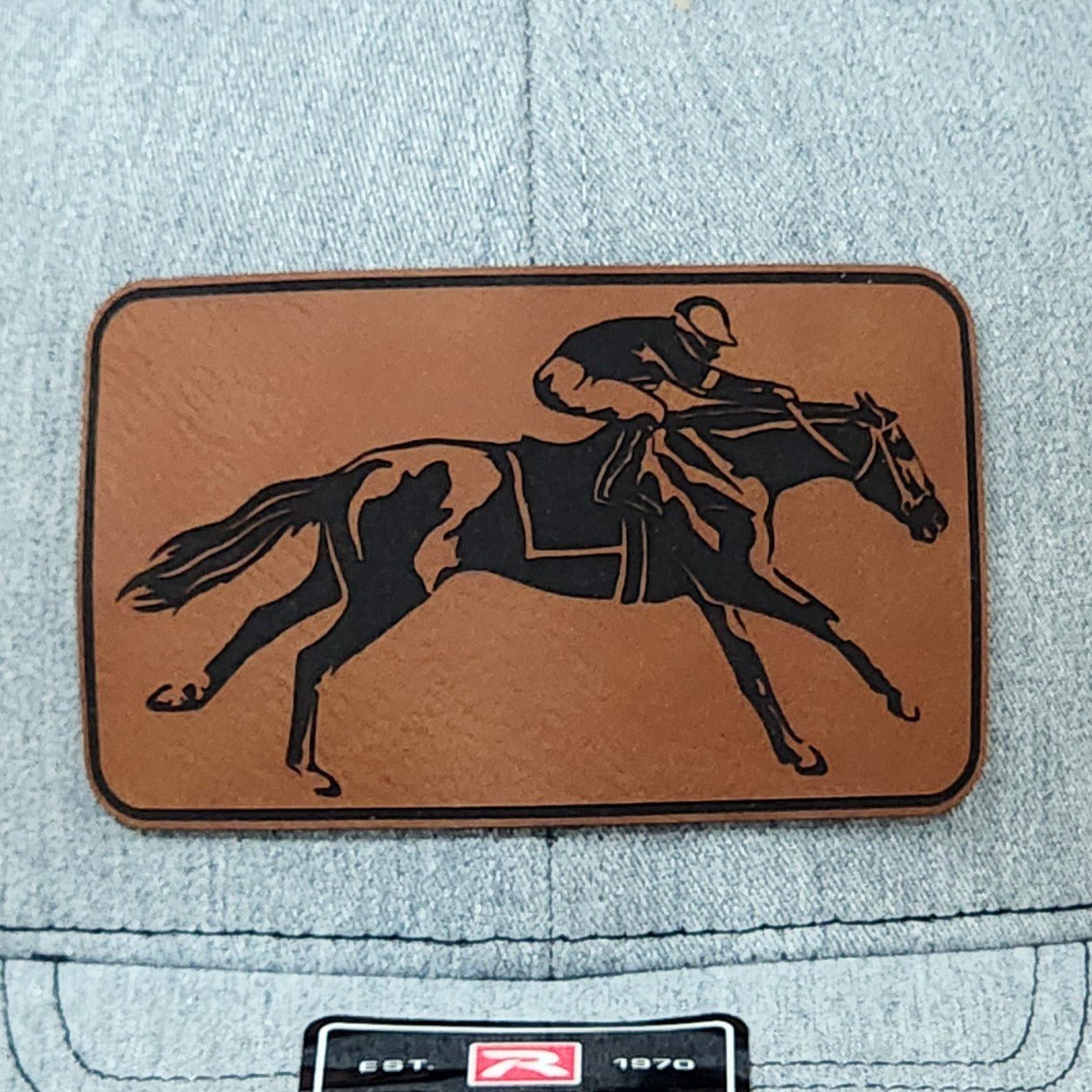 Horse Racing Engraved Leatherette Hat Patch - MR01 - LoneStar Adhesive