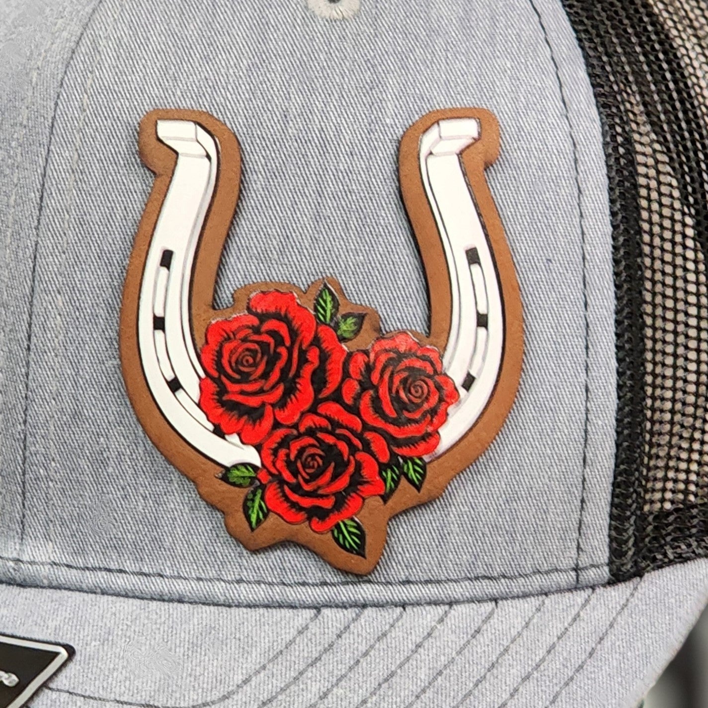 Horseshoe with Red Roses UV Printed Leatherette Hat Patch - MR01 - LoneStar Adhesive