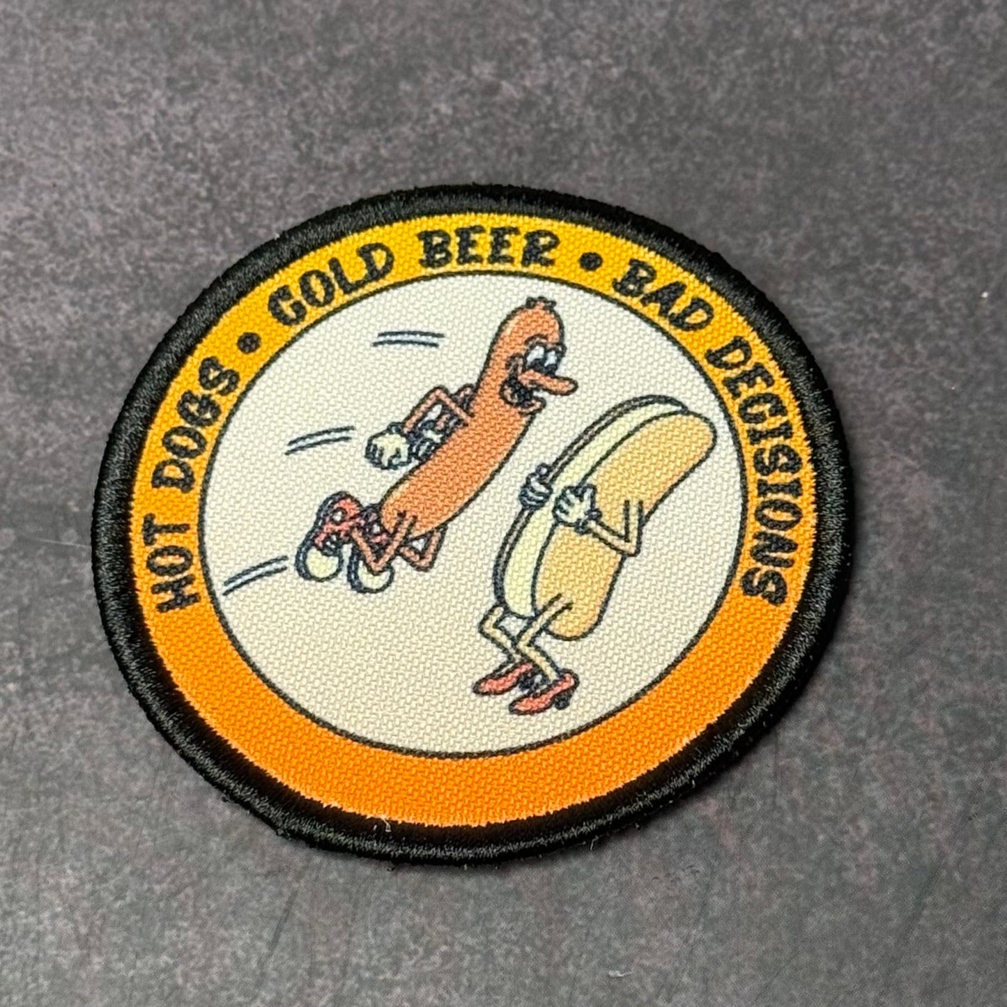 Hot Dogs, Cold Beer and Bad Decisions Funny Morale Patch | Made in USA | VELCRO® Brand Hook Backing - LoneStar Adhesive