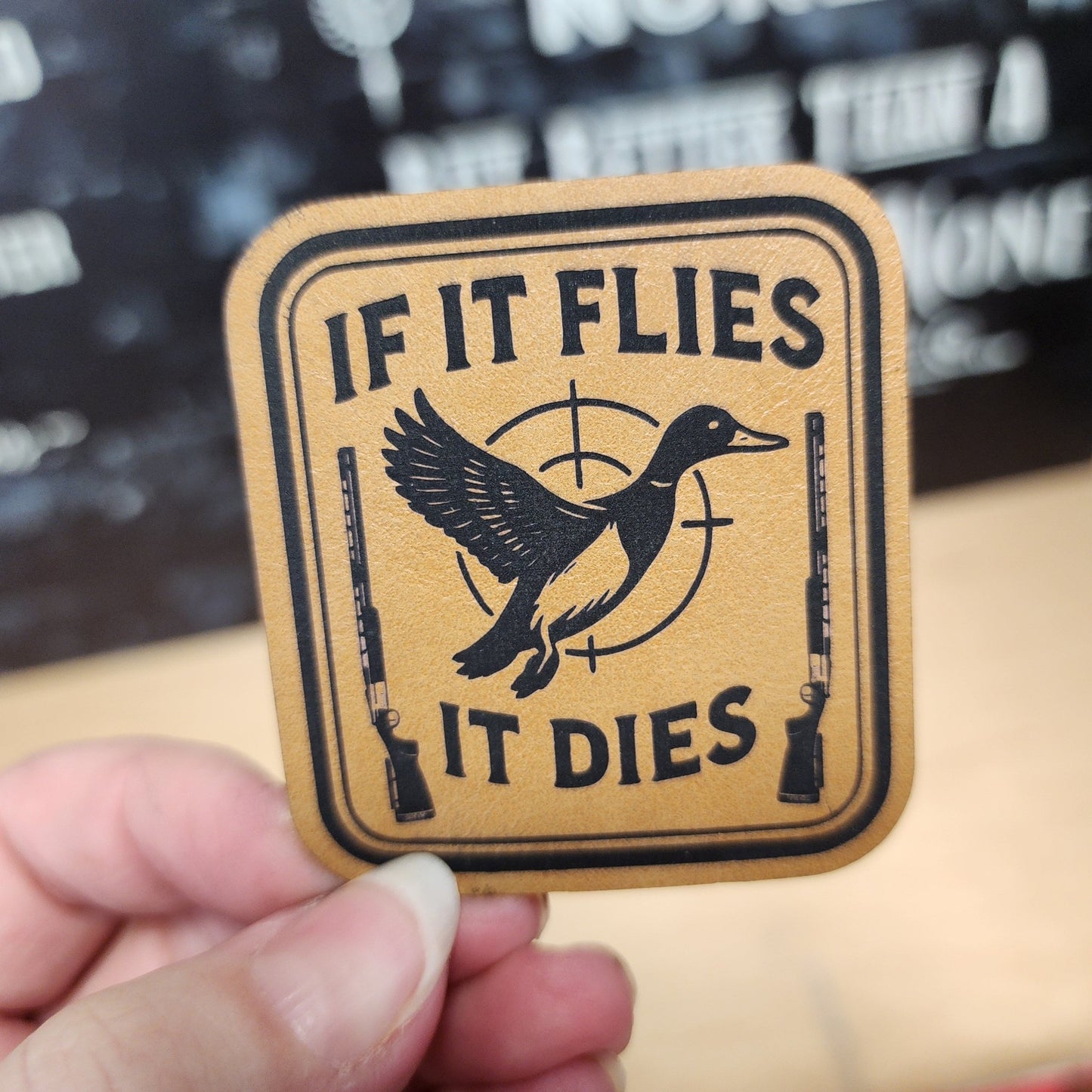 Hunting Humor: Fly or Die (Saddle Tan) Engraved Leatherette Hat Patch - MR01 - LoneStar Adhesive