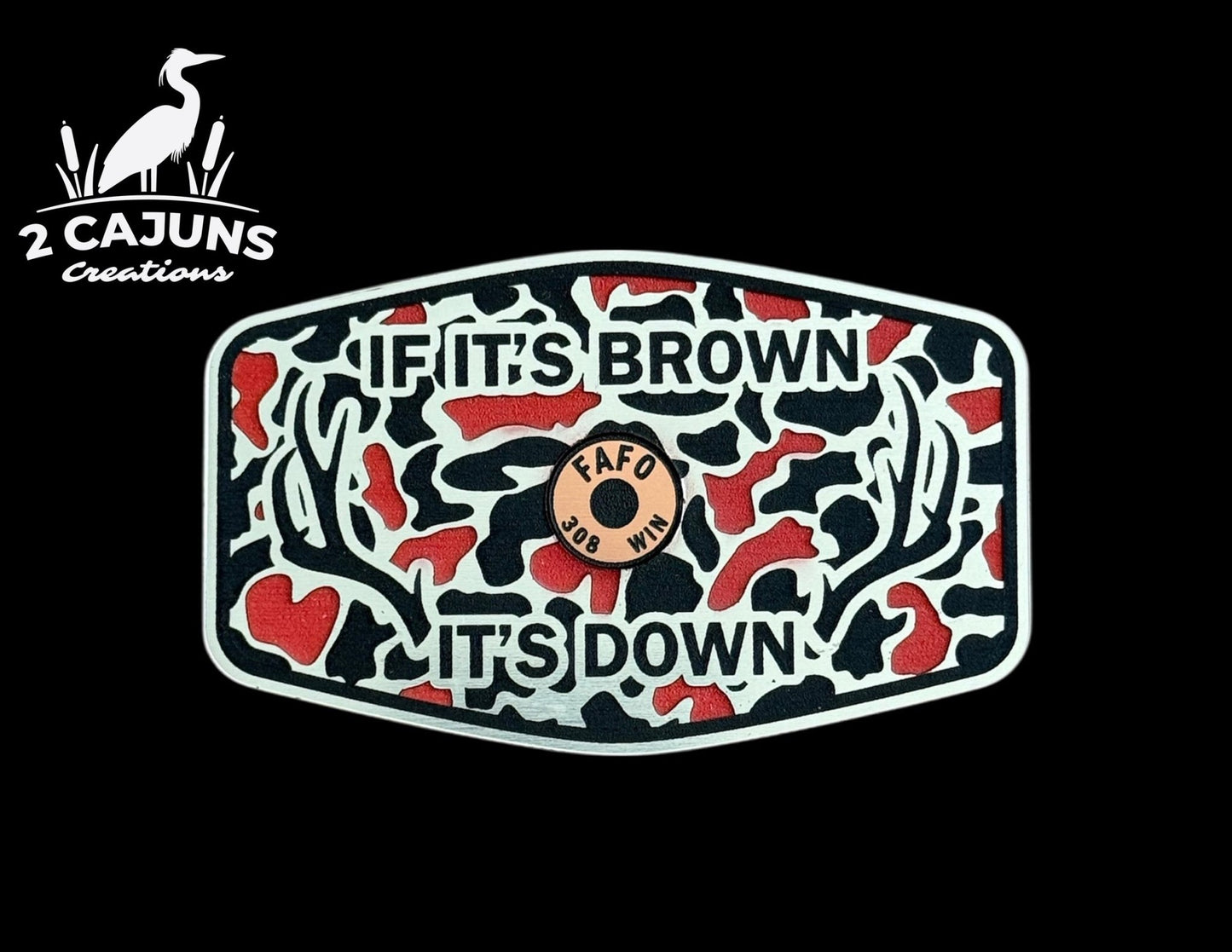 If It's Brown It's Down Acrylic Hat Patch with Copper Shell - 2 Pieces - 3 Colors Available - LoneStar Adhesive