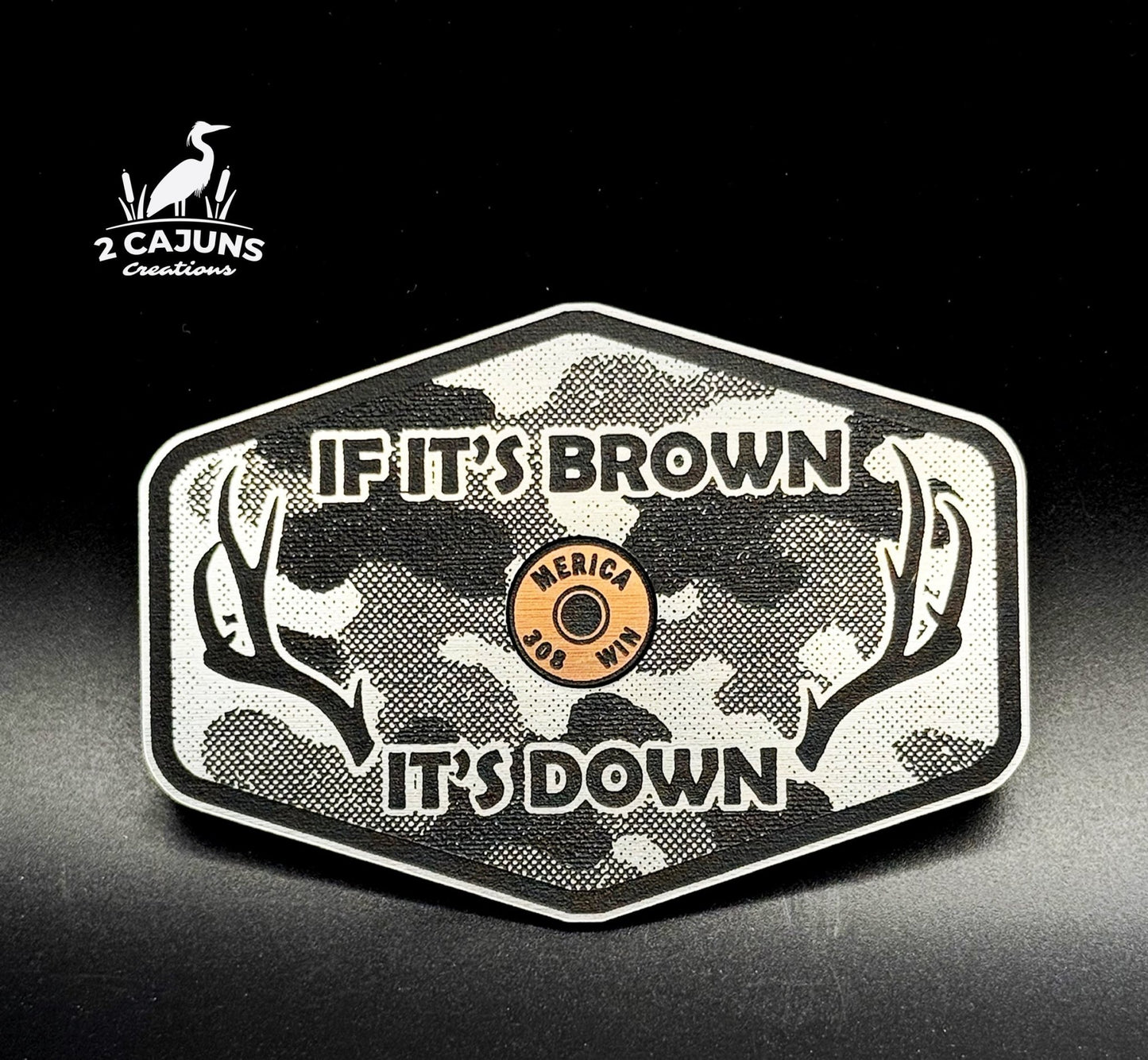 If It's Brown It's Down Acrylic Linen Camo Design Hat Patch with Copper Acrylic Insert Merica Edition - 2 Pieces - 4 Colors Available - LoneStar Adhesive