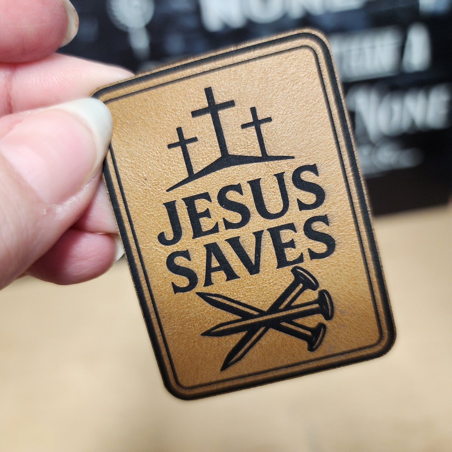 Jesus Saves (Saddle Tan) Engraved Leatherette Hat Patch - MR01 - LoneStar Adhesive