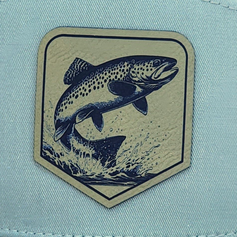 Jumping Trout Fishing Engraved Leatherette Hat Patch - MR01 - LoneStar Adhesive