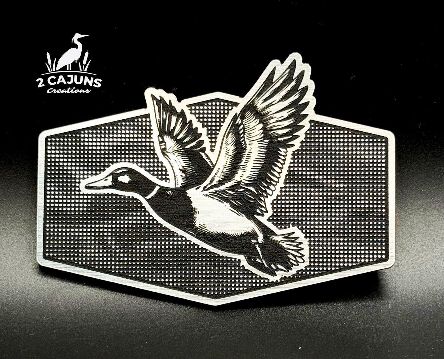 Mallard Duck on Linen Camo Design Dual Layer Stainless Black Acrylic Hat Patch - LoneStar Adhesive
