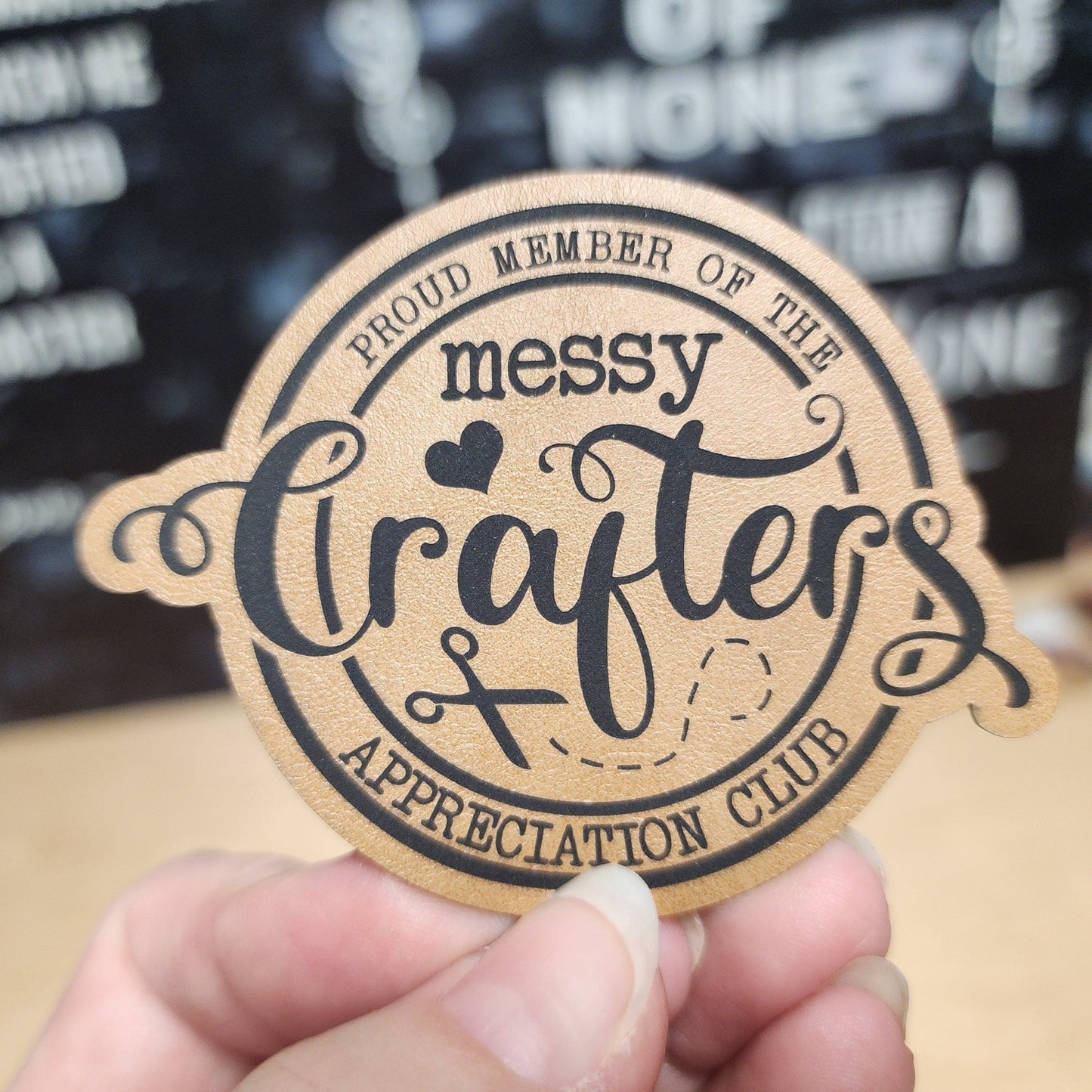 Messy Crafters Club (Saddle Tan) Engraved Leatherette Hat Patch - MR01 - LoneStar Adhesive