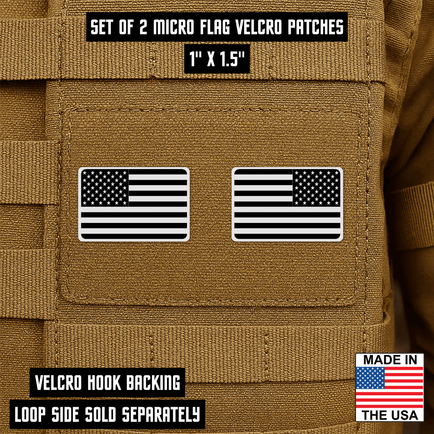 Mini American Flag Tactical Engraved Patch 1"x1.5" Hook & Loop | Set of 2 | Made in USA - LoneStar Adhesive